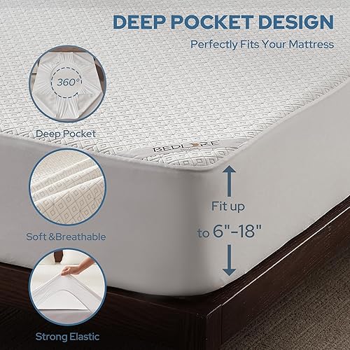 Miniatura 6 de BEDLORE Protector de colchón tamaño King, impermeable, sin ruido, con bolsillo profundo para colchones de 6 a 18 pulgadas, protector de colchón