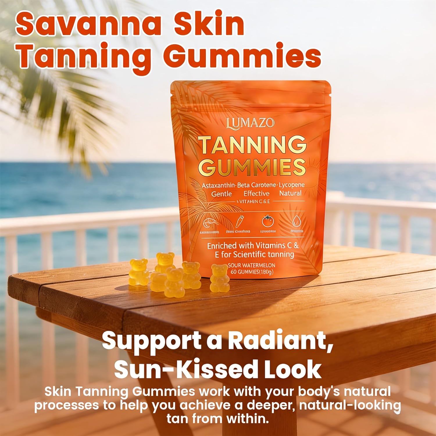 Skin Tanning Gummies, with Astaxanthin, Beta-Carotene, Lycopene & Vitamins, Radiant Healthy Skin, for a Natural, Golden Tan from Within, No Sun Required, 60 Count (2pcs)