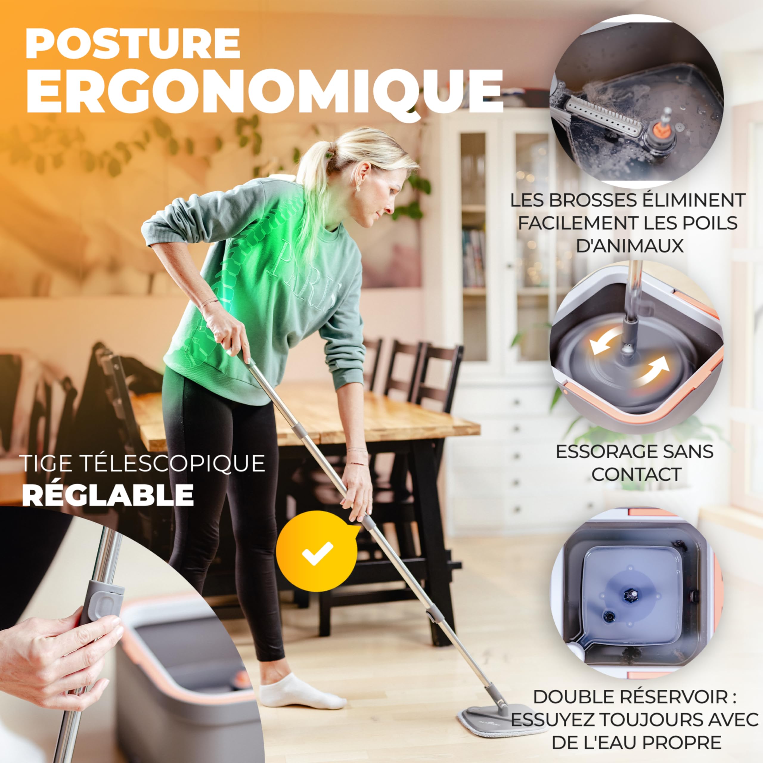 Serpillière et Seau Essoreur – Système à 2 Compartiments avec 2 Tampons Microfibre, Balai Plat de Nettoyage Sol et Ménage, Mop de Sol Plat avec Seau de Nettoyage, Gris – ALANBERG®