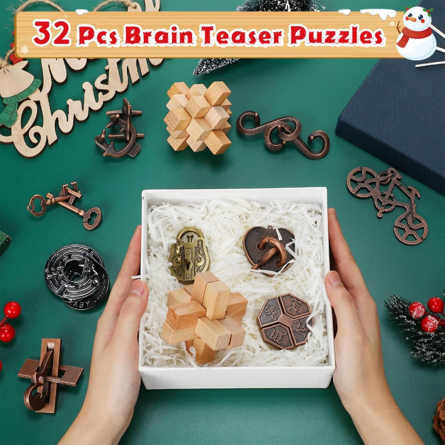 Seenelling 32 Pcs Brain Teaser Puzzles Wooden and Metal Cast 3D Unlock Interlocking Gift IQ Educational Smart Puzzle Toys for Teens Adult Puzzles
