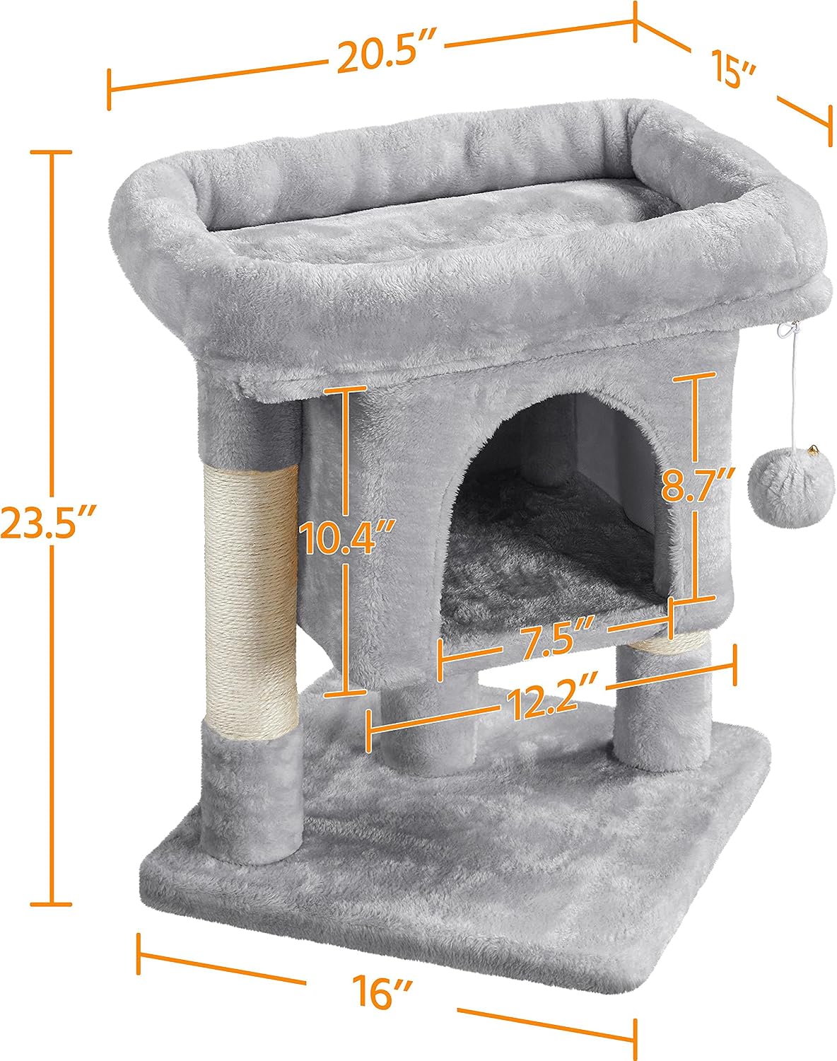 Topeakmart Cat Tree with Extra Large Plush Perch, Soft Cat Condo & Sisal-Covered Scratching Posts for Large Cats, Kittens Cats, 23.5 Inches, Light Gray