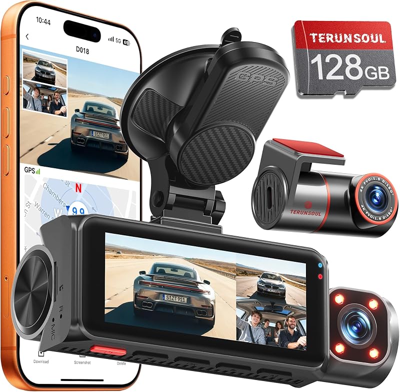 Cámara de salpicadero 4K+4K+1080P de 3 canales, tarjeta de 128 GB gratuita, visión nocturna AProX HD | Cámara de salpicadero delantera y trasera con cabina, WiFi6 de 5,8 GHz - hasta 20 MB/s, aplicación, GPS, sensor G, modo de estacionamiento 24 horas, compatible con 512 GB máx.