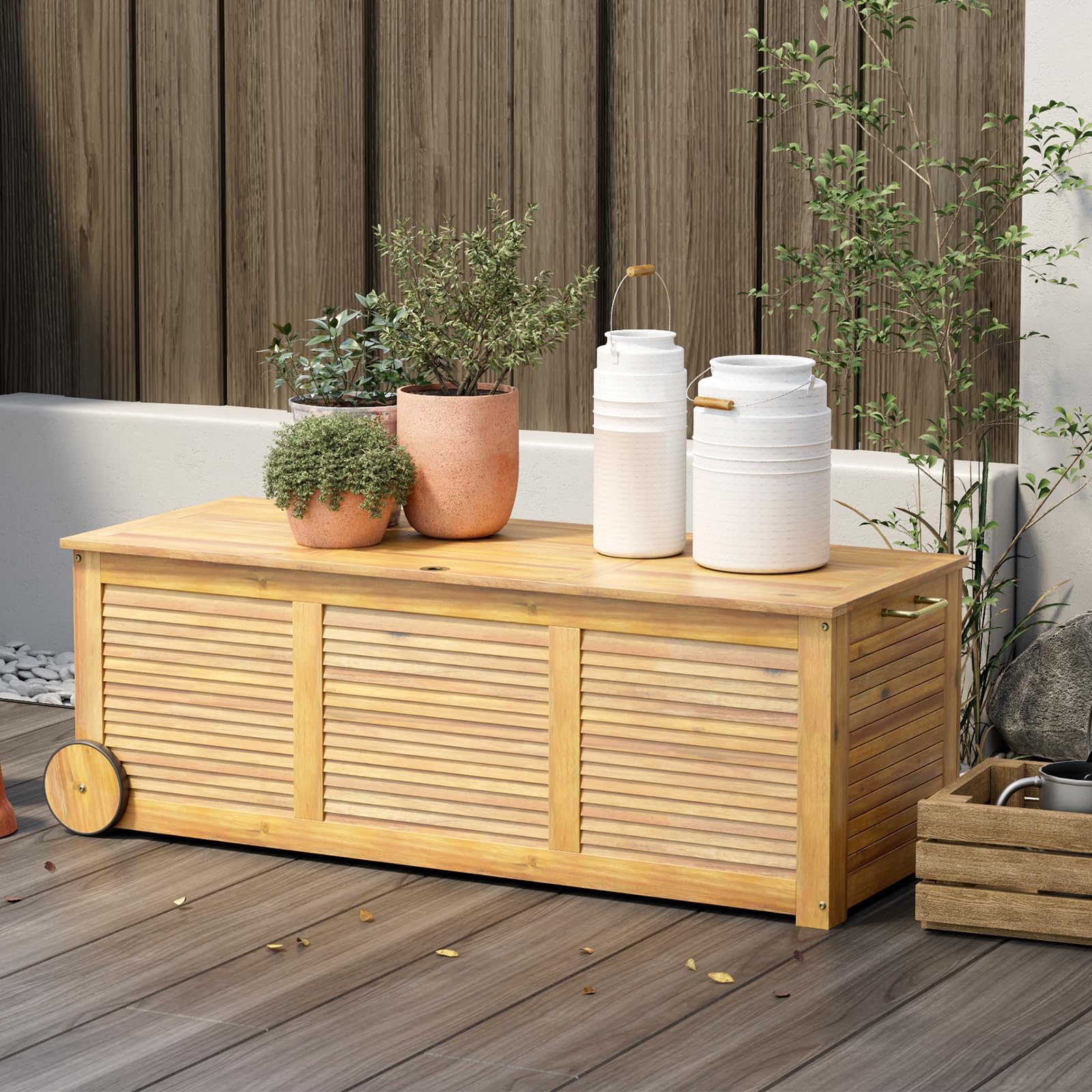 RELAX4LIFE Panca Baule182 L in Legno di Acacia con Ruote e Maniglie, Contenitore Portatutto da Interno Esterno, Cassapanca Contenitore da Interno,127x20x45cm