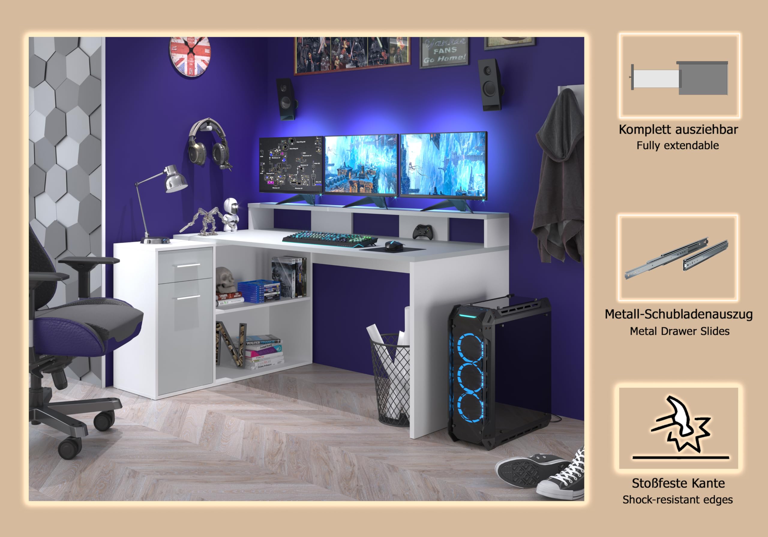 trendteam smart living - Table de Jeu - Bureau - Taille de la Configuration Gamer (LxHxP) 160 x 92 x 115 cm - Couleur Blanc et Gris Clair - 203900703