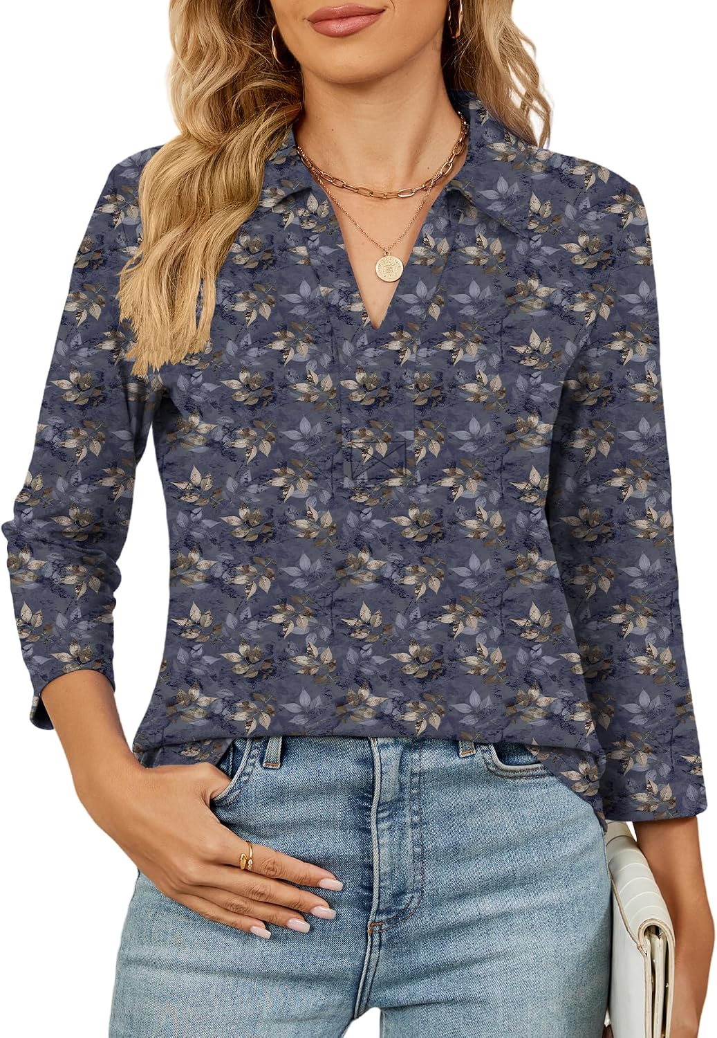 Women's 3/4 Length Sleeve V-Neck Collared Tops Summer Business Casual Work Polo Shirts Fashion Outfits 2026