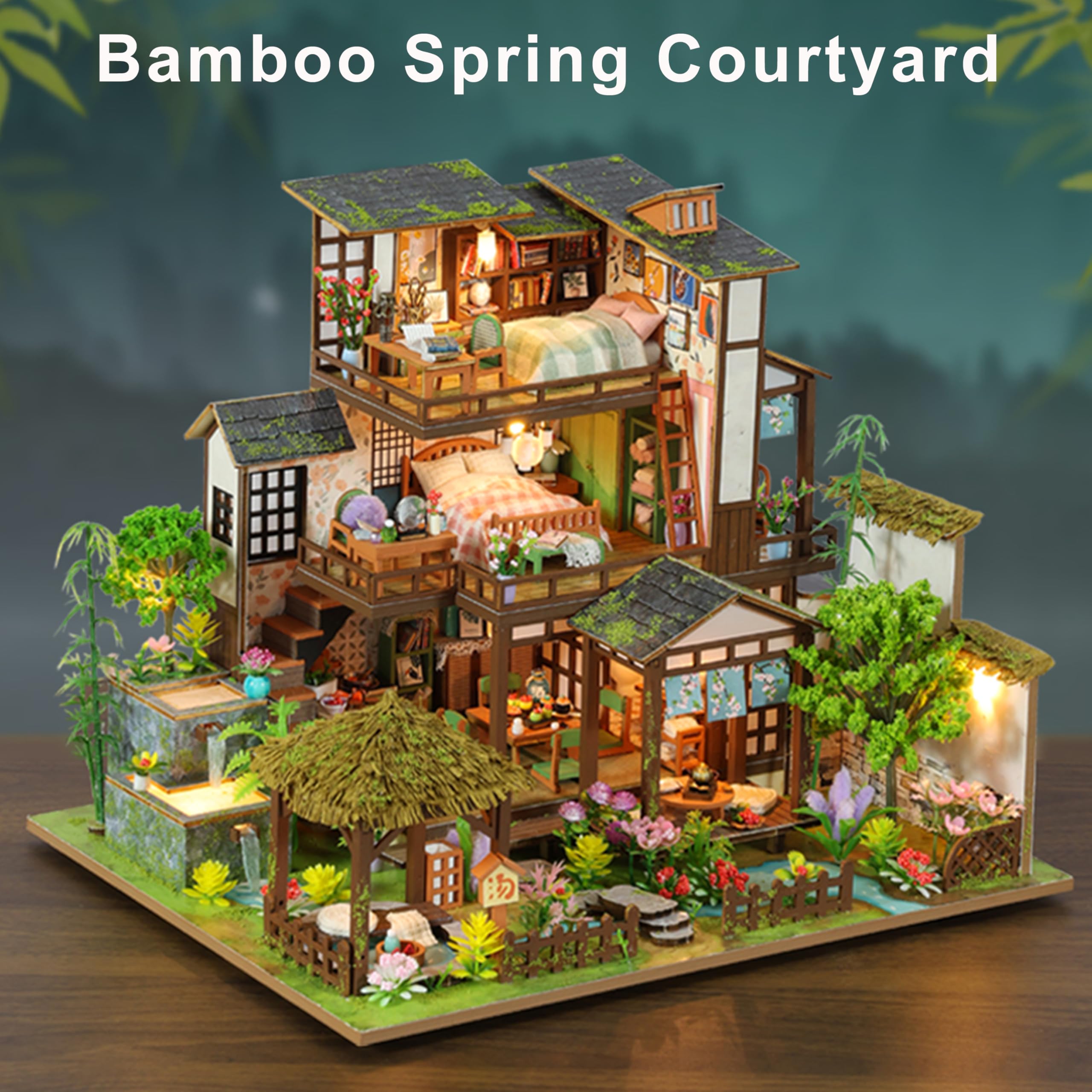 ISSEVE Miniaturhaus Bauset Tiny House Bauset Bambus Frühling Hof | Für Erwachsene, Mini-Haus-Bausätze, Miniatur-Bausatz, Puppenhaus-Kit, Bücherregal-Dekoration, Geschenke für Freunde Familie