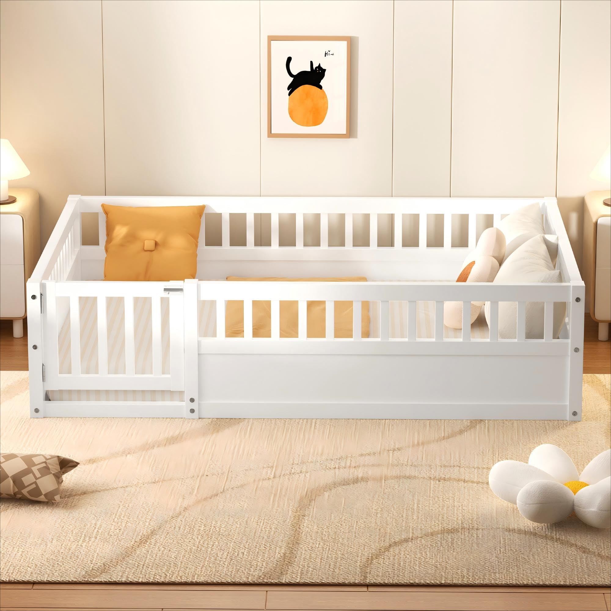 DNYN Full Size Montessori Floor Bed With 19.6" High Safety Rails - Solid Wood Kids Bed Frame, No Box Spring Needed, Easy Assembly, Space-Saving Design, White