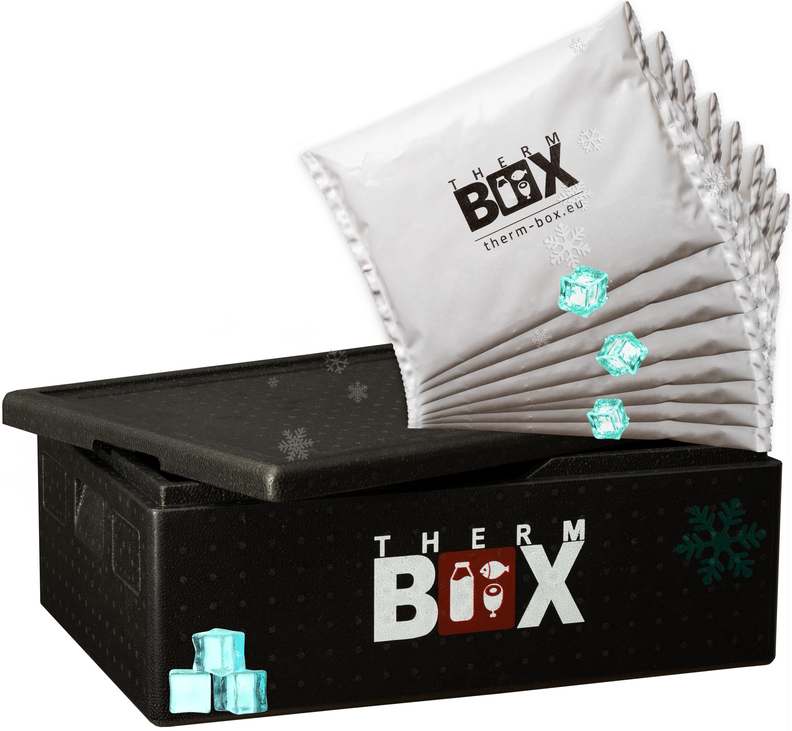 THERM BOX Styroporbox B53 mit 8X Kühlakku 53L Kühlbox Innen: 62,5x42,5x22cm Transportbox Wiederverwendbar für E2 Kiste