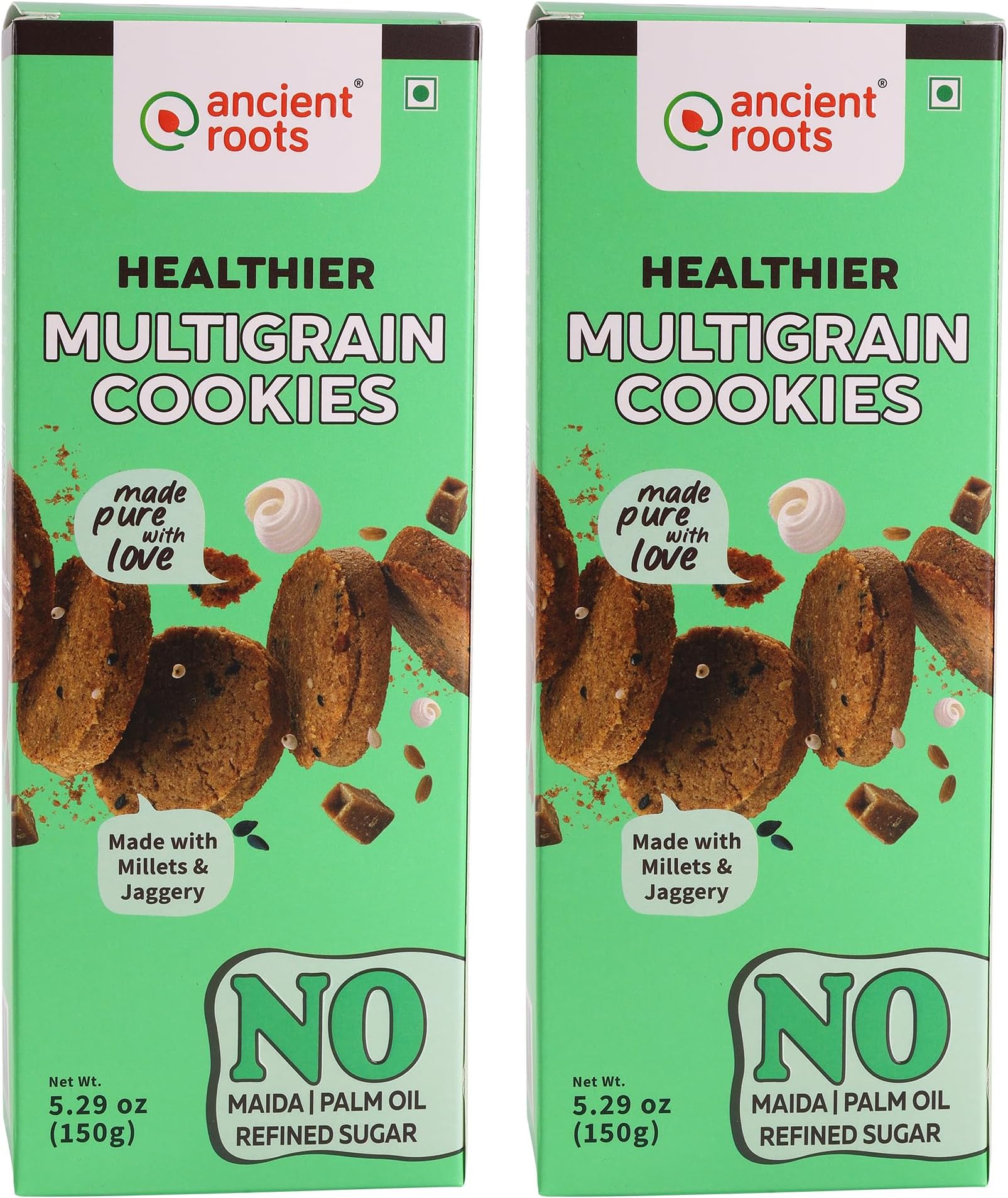 Ancient Roots Multigrain Cookies | Biscuits for Tea, Coffee, Breakfast, Kids โ 300 gm (150gm x 2) | Made with Millet Flours, White Butter and Jaggery | No Maida and No Refined Sugar (Pack of 2)