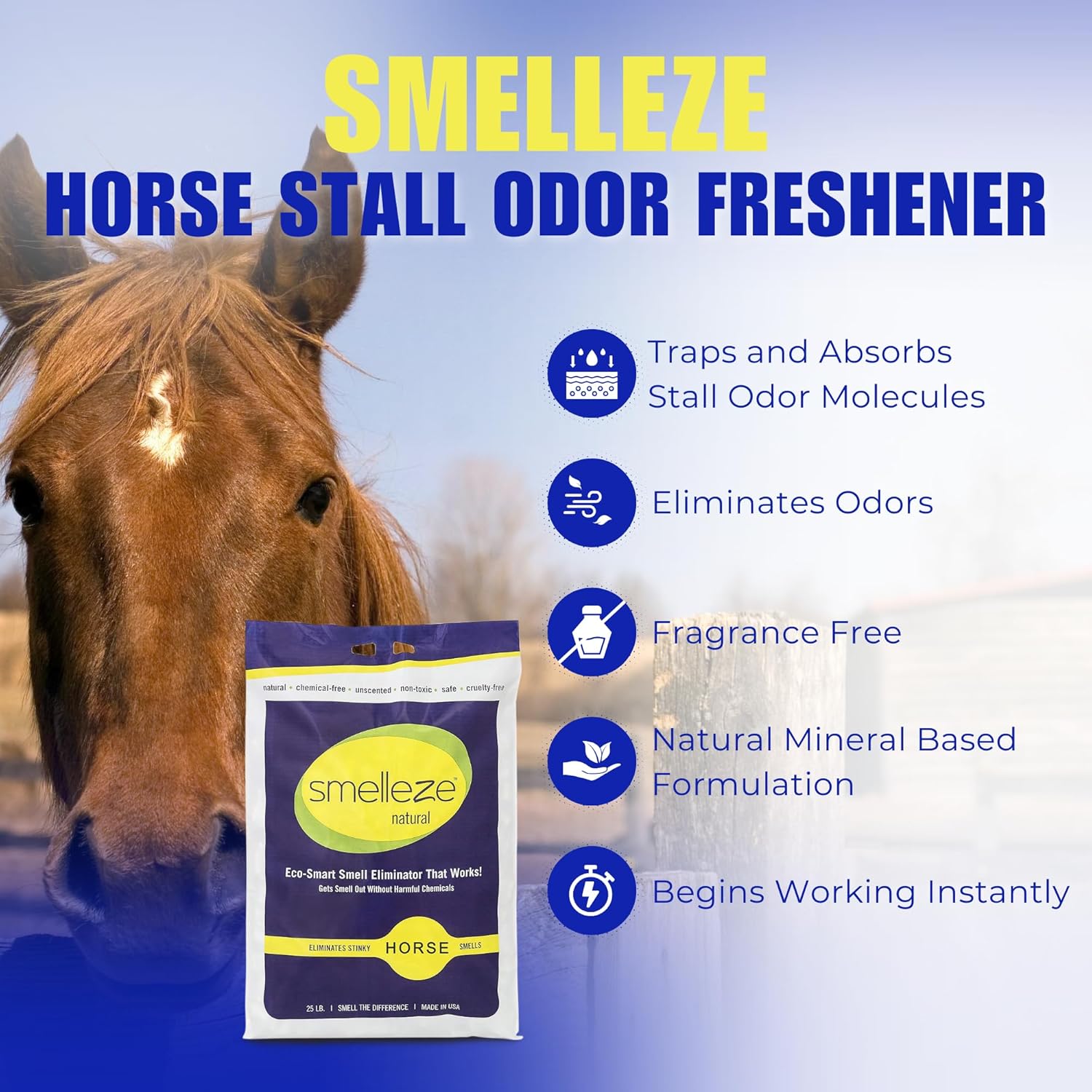 SMELLEZE Natural Horse Stall Refresher & Odor Eliminator: 25 lb. Granules. Rids Urine & Stool Smell. Keeps Stall Drier. Unscented & Safe