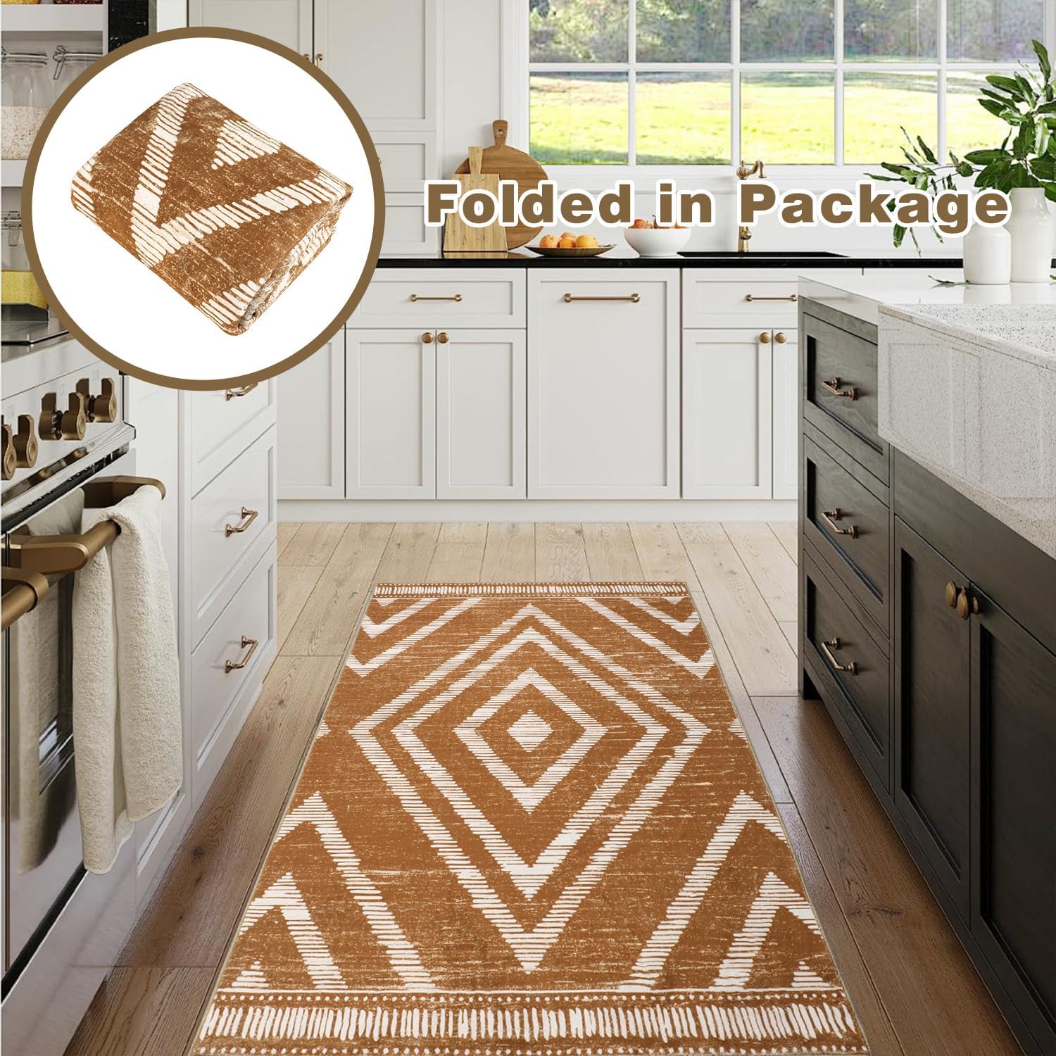 Moroccan Washable Area Rugs 3x5ft Non Slip, Low Pile Entryway Rug, Brown Boho Bedroom Carpets, Non Shedding Soft Floor Carpet for Dining Room Bathroom Kitchen Study Office