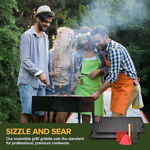 Miniatura 7 de Juego combinado reversible de plancha de hierro fundido + guantes protectores, prensa de parrilla y raspador, estufa de gas pre-sazonada para