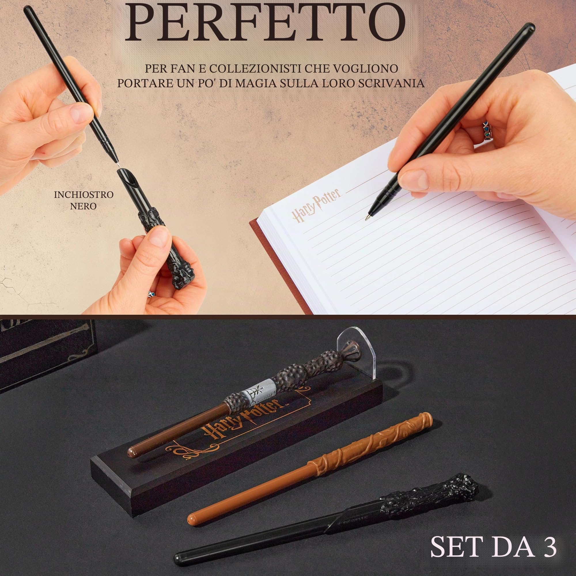 Harry Potter Levitazione Penna Bacchetta, 3 Pacco Magico Inchiostro Nero Penna a Sfera con Supporto Magnetico, Dumbledore Hermione Regalo Hogwarts (Multi 3 Pz)