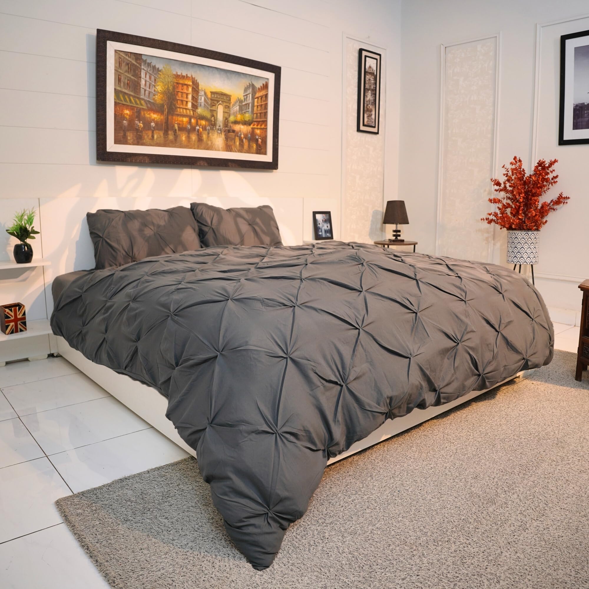 AHS - King Charcoal Pintuck Duvet Cover Sheet - Comfy Bedding Set With Pillow Cases - Soft Durable Brushed Microfiber Quilt Cover - Breathable & Washable Duvet Bedding Set — image 1
