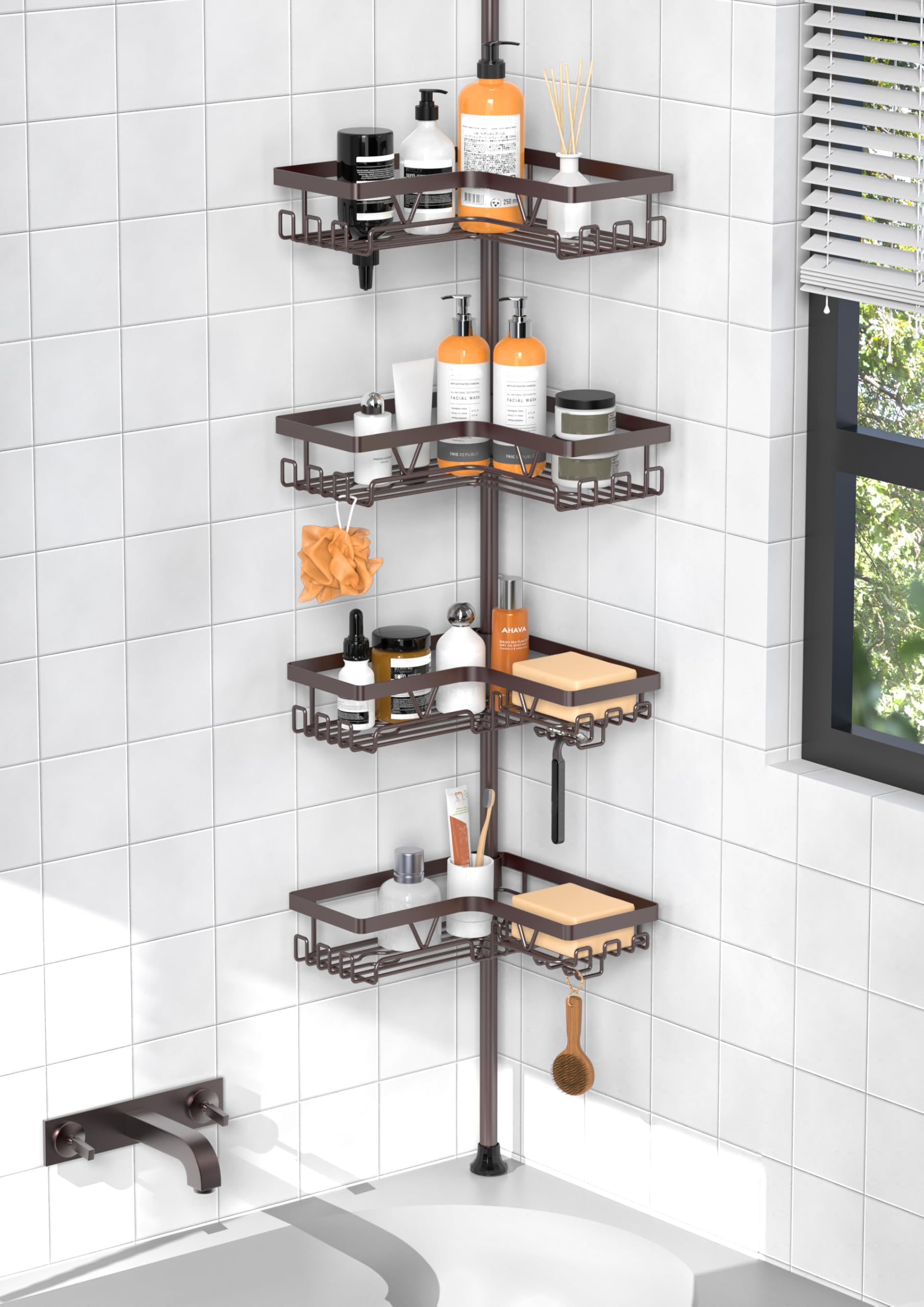 KEGII 4-Tier Corner Shower Caddy Tension Pole - Waterproof Shower Rod Organizer, Floor to Ceiling Tension Rod 25-114.2 inch, Stainless Steel Corner Shower Shelf, Bronze