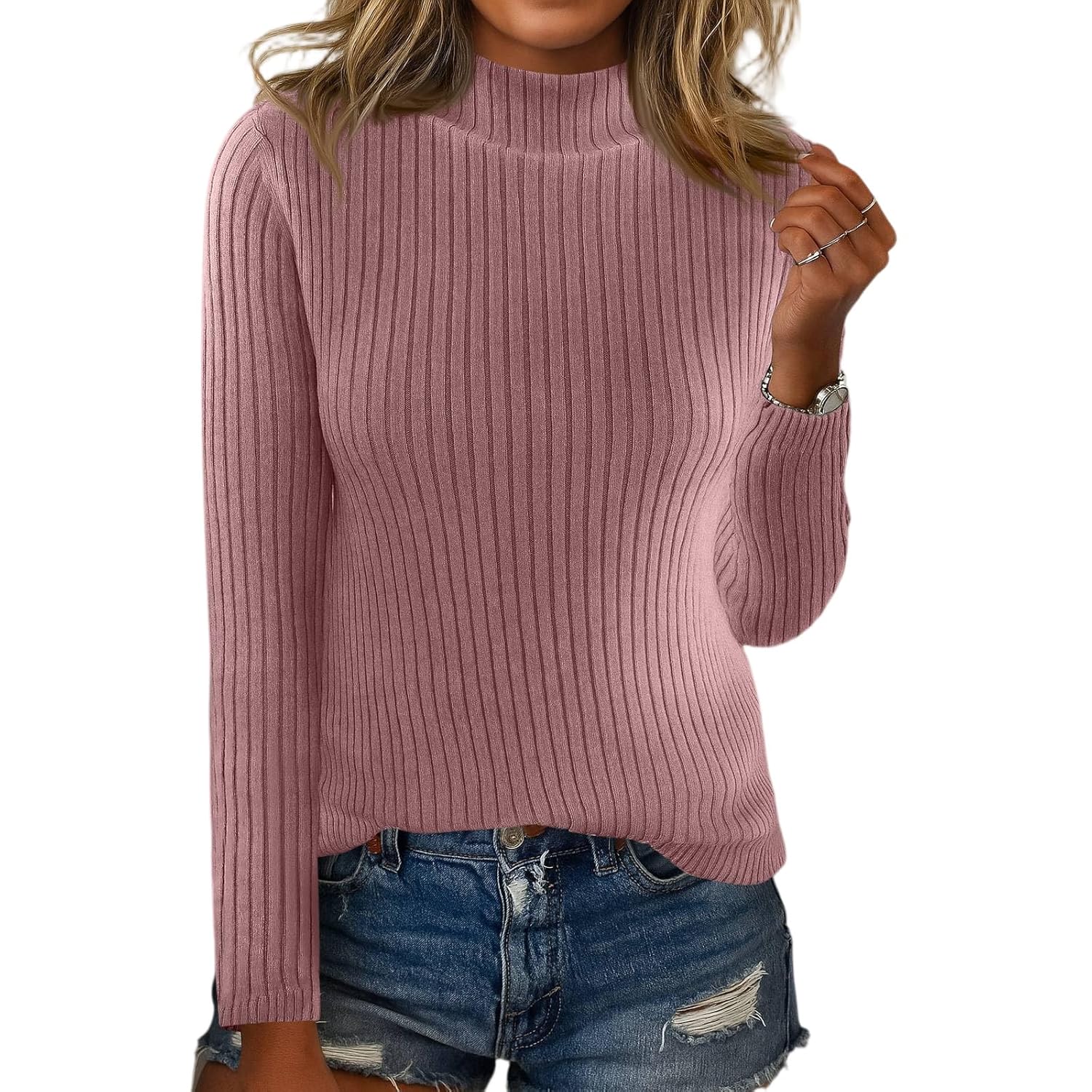 HXHYQKP Womens Long Sleeve Tops Mock Neck Ribbed Knit Slim Fit Pleated Basic T Shirts Lightweight Sweater Going