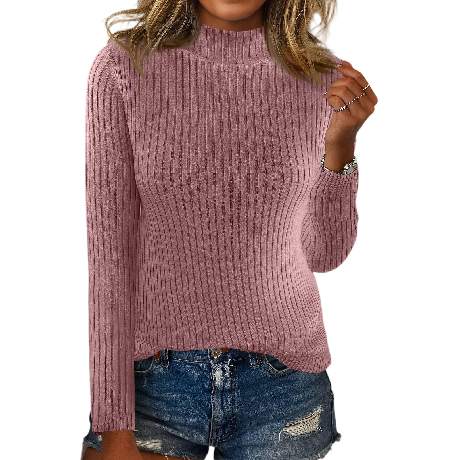 HXHYQKP Womens Long Sleeve Tops Mock Neck Ribbed Knit Slim Fit Pleated Basic T Shirts Lightweight Sweater Going