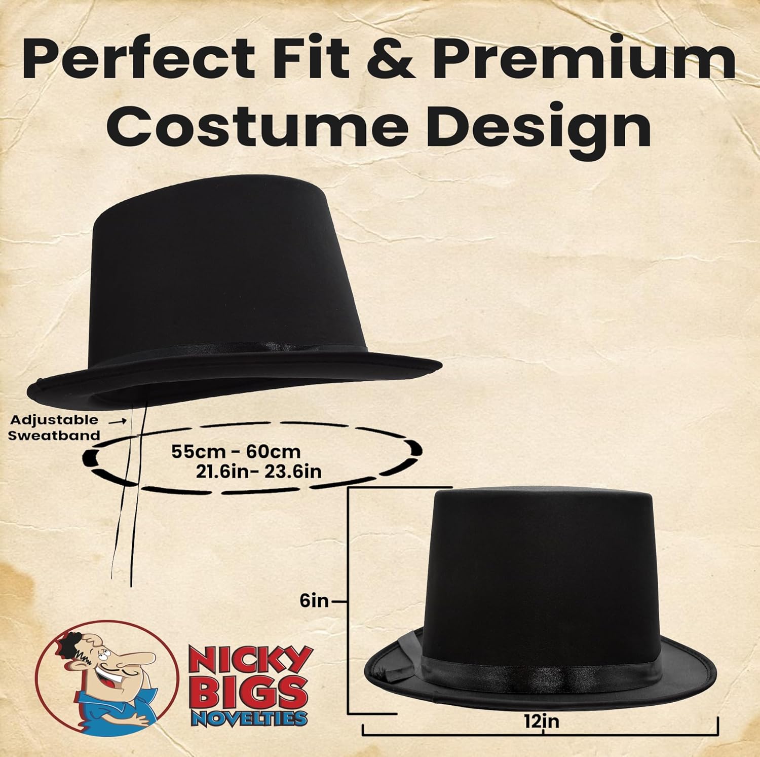 Nicky Bigs Novelties Satin Tall Black TopHat For Men, Magician Hat, Slash Hat, Steampunk Hats, Victorian Hats, TopHat Costume For Men - Image 2
