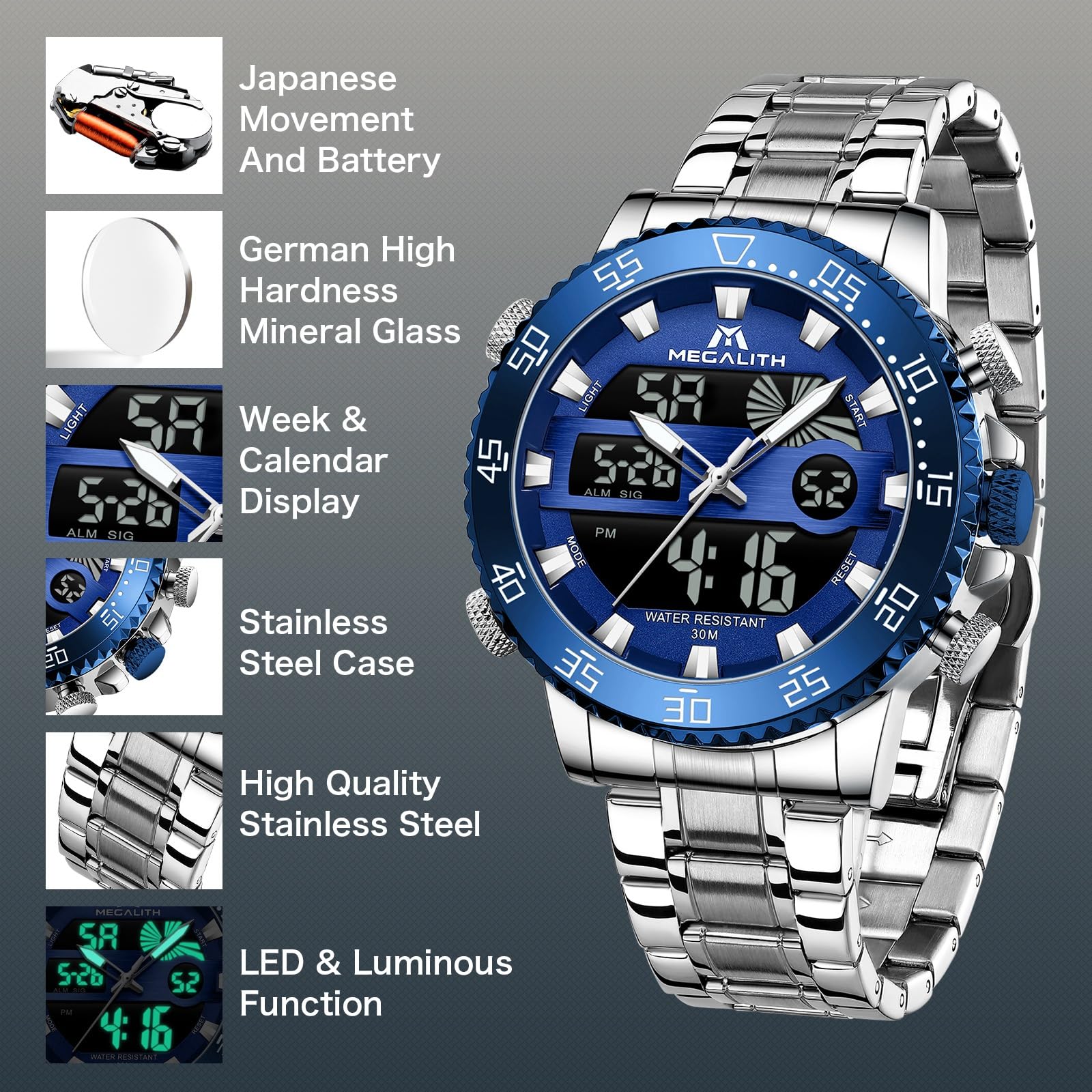 MEGALITH Orologio Uomo Digitale Analogico: Multifunzione Grande Quadrante | Impermeabile Acciaio Inossidabile Orologi da Polso con LED - Regalo per Affari Lavoro Uomo Anniversario Compleanno