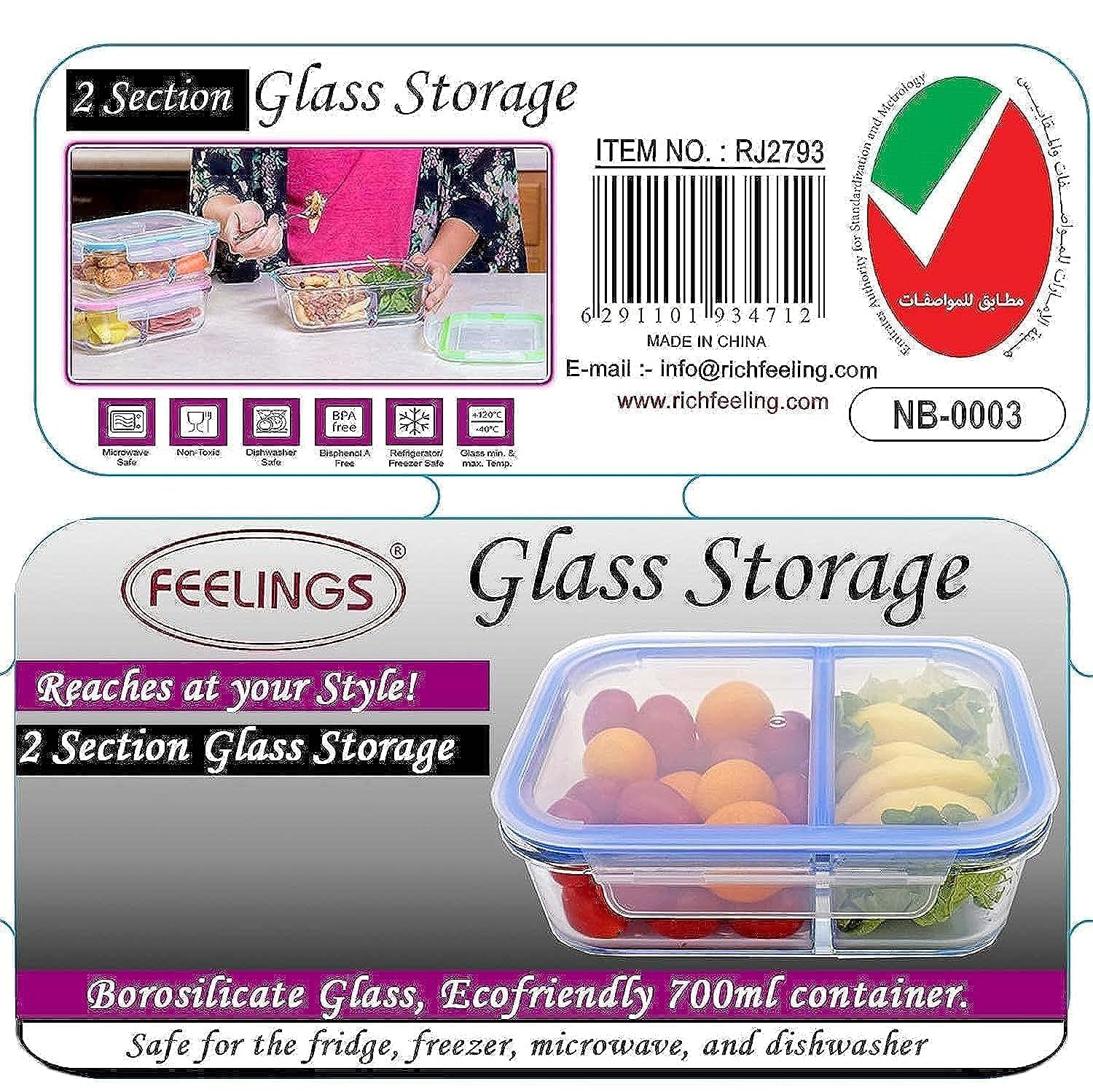 FeelingsGlass Storage 700ML with Divider – Microwave‑Safe & Airtight Multi‑Compartment Food Container (Blue)
