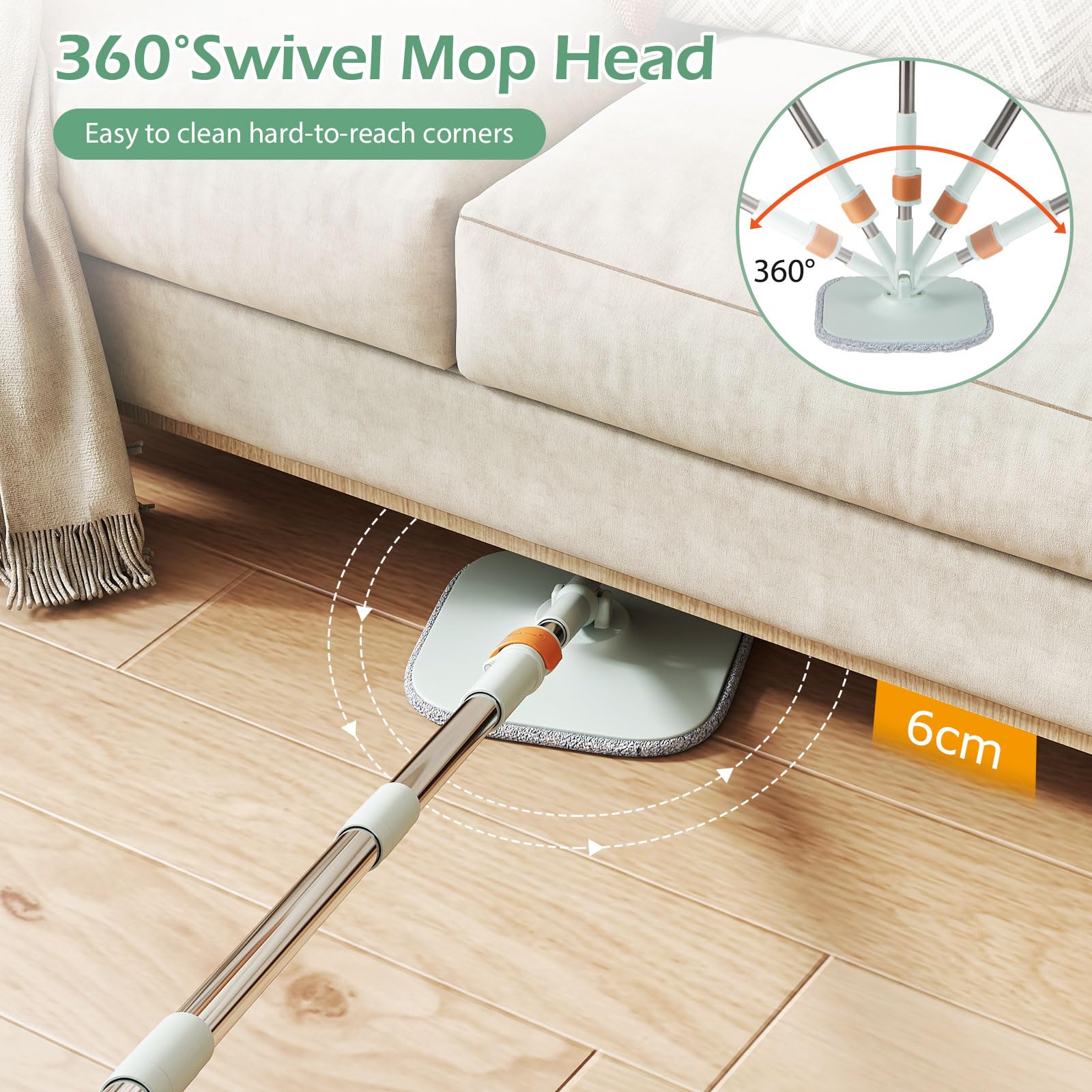 LIFEZEAL Scopa mocio con doppio secchio, testa rotante a 360° con panni riutilizzabili, separazione acqua pulita e sporca per pavimenti in piastrelle in parquet, casa (verde| 1 testa + 8 stracci)