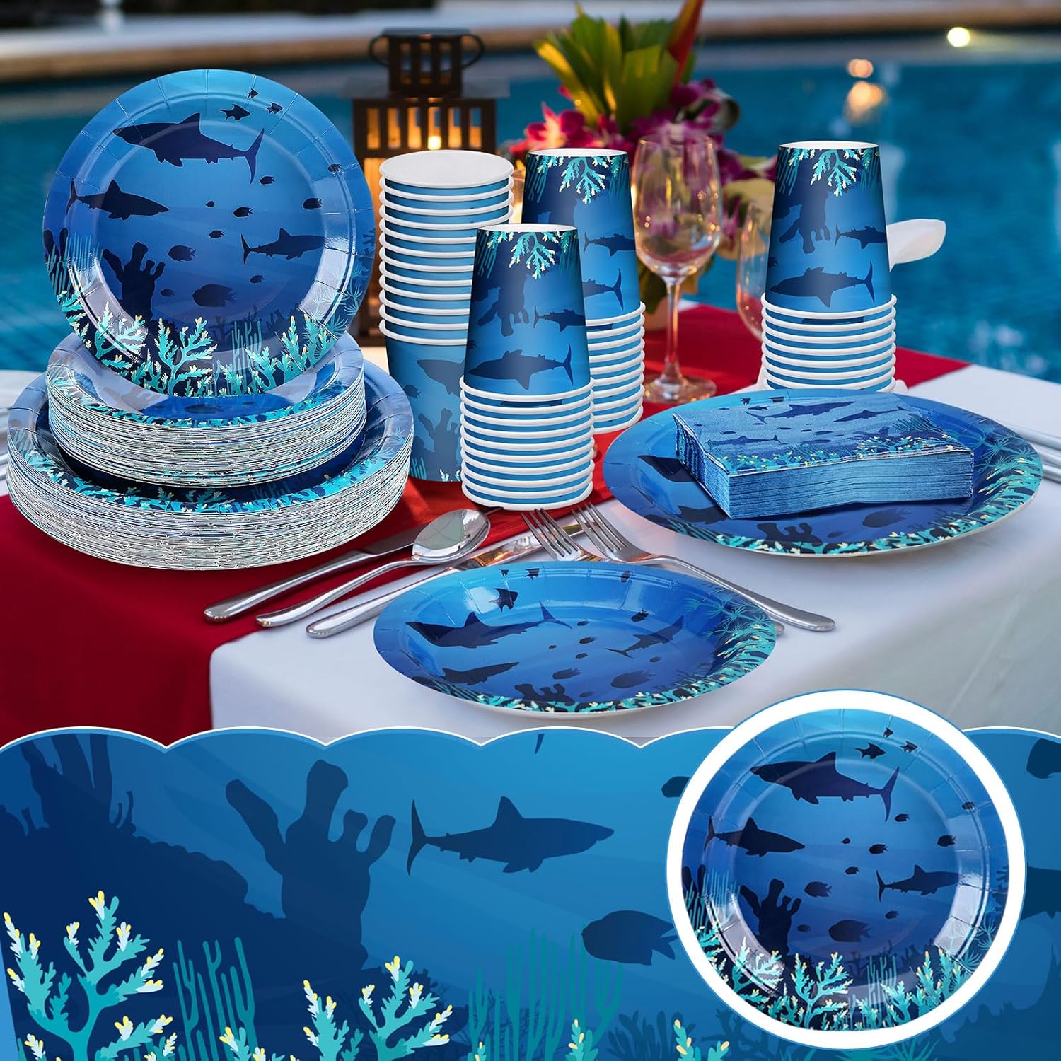 200 Pieces Party Supplies Tableware Set Patterns Printed Plates Napkins Cups Table Decorations for Baby Shower Birthday Party (Sea Style) - Image 6