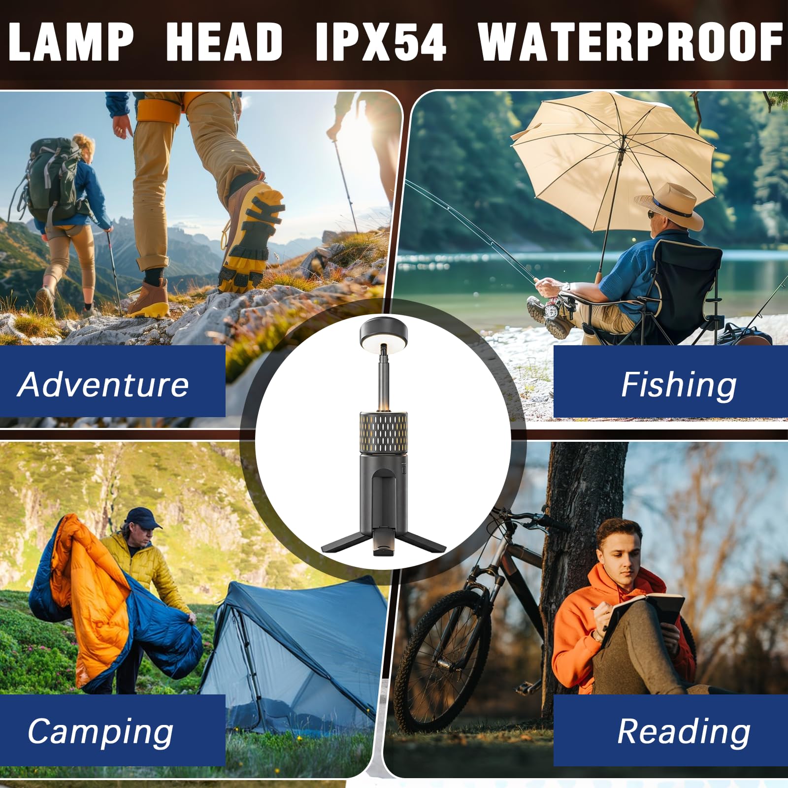 BRGD Linterna de Camping Telescópica Recargable, 5400mAh Trípode LED Multifunción con Bolsa de Almacenamiento para Camping, Pesca y Senderismo, Impermeable IPX54
