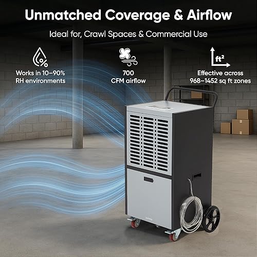 Miniatura 5 de Deshumidificador comercial de 190 pintas para sótanos y espacios industriales - Bomba integrada, manguera de drenaje, funcionamiento continuo,