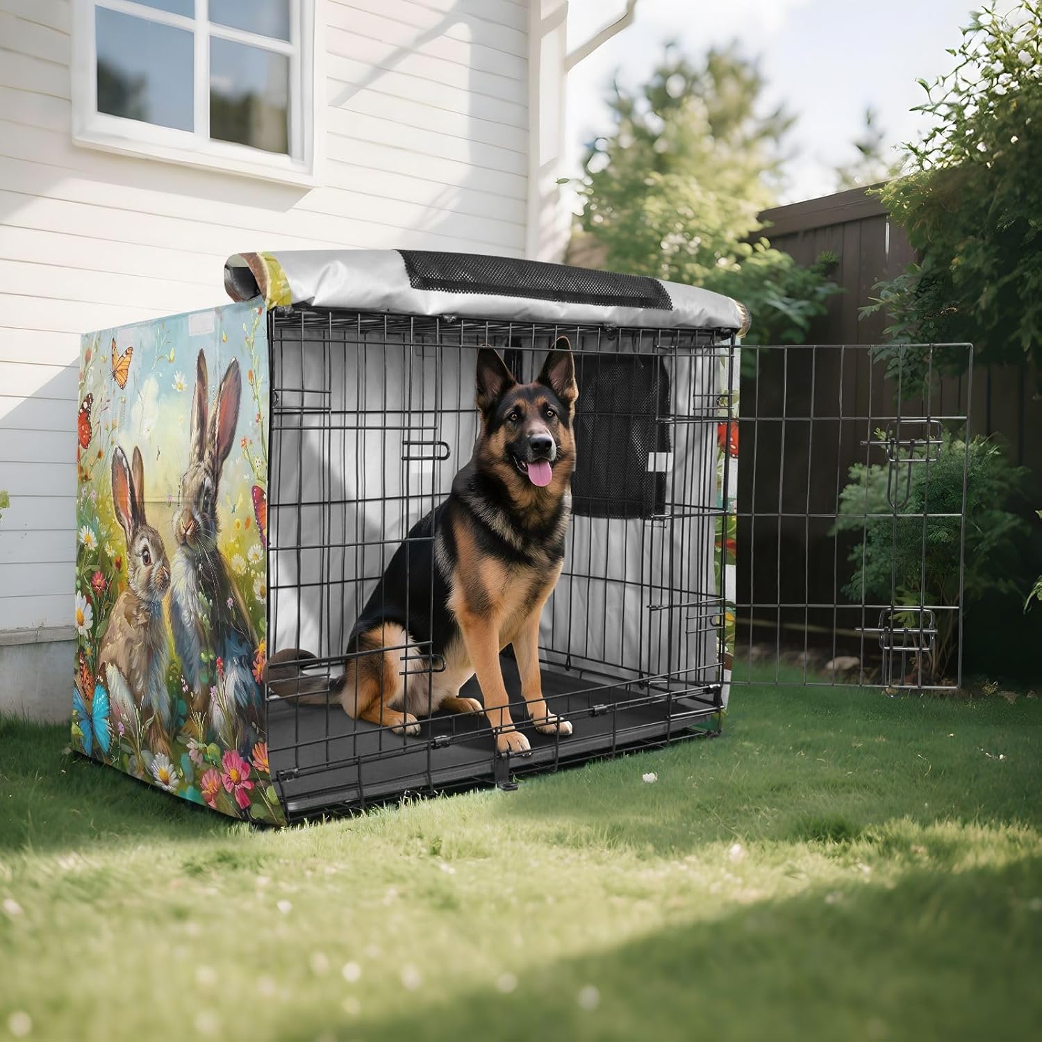 Painting Bunnies Meadow Spring Dog Crate Cover S-XL Water-Resistant Pet Cage Cover with Openings, Reduces Barking, Large