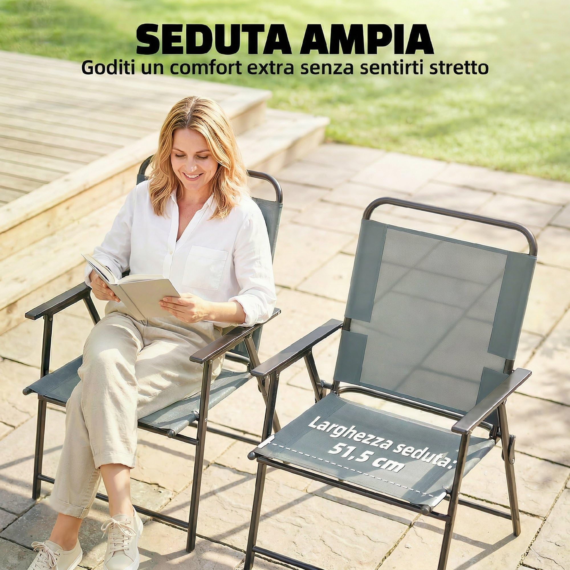Outsunny Set di 2 Sedie da Giardino Pieghevoli, Seduta in Rete, Schienale Alto e Braccioli, Grigio