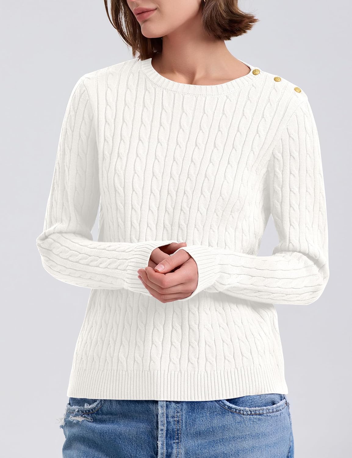 PrettyGuide Women's Cable Knit Sweater Long Sleeve Crewneck Button Shoulder Casual Pullover Sweaters Tops - Image 5