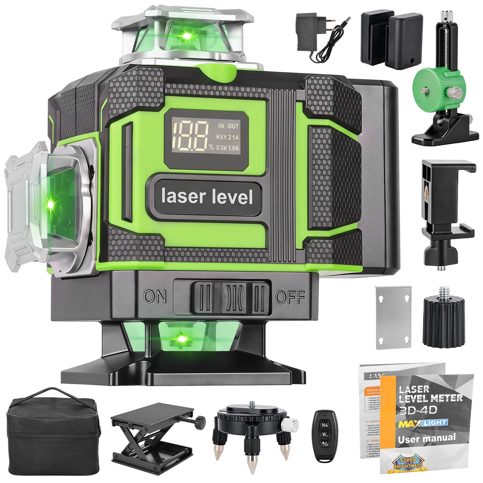 Nivel Láser Autonivelante 16 Líneas 4x360° Verde con 2 Baterías | Láser Autonivelante Profesional con Control Remoto, Modo Manual y Automático, Nivel Láser para Azulejos Techos y Pladur