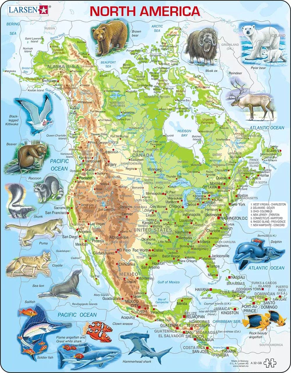 Larsen Puzzles North American Map with Animals 66 Piece Children's Educational Jigsaw Puzzle