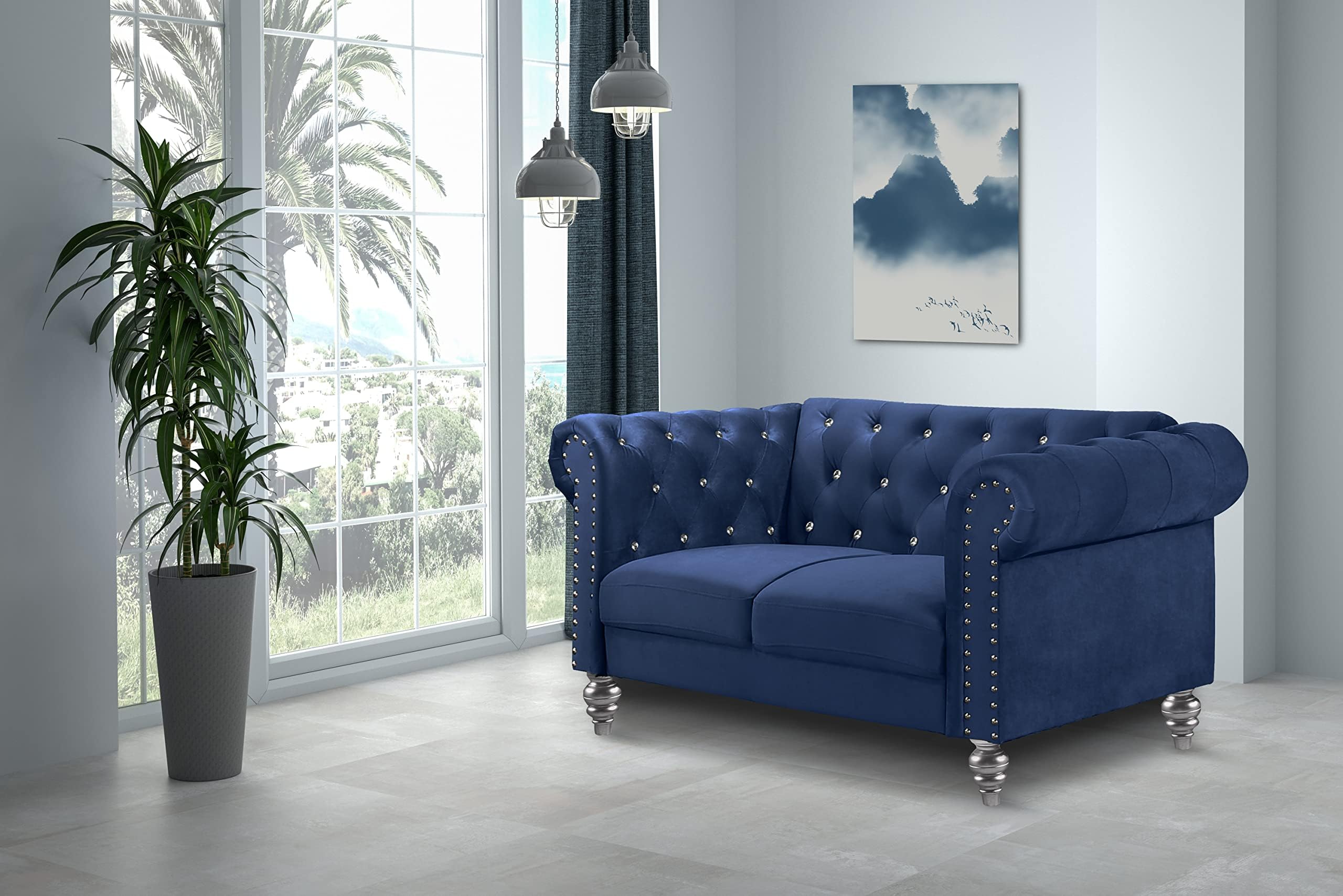 New Classic Furniture Glam Emma Velvet Two Seater Chesterfield Style Loveseat for Small Spaces with Crystal Button Tufts, Royal Blue