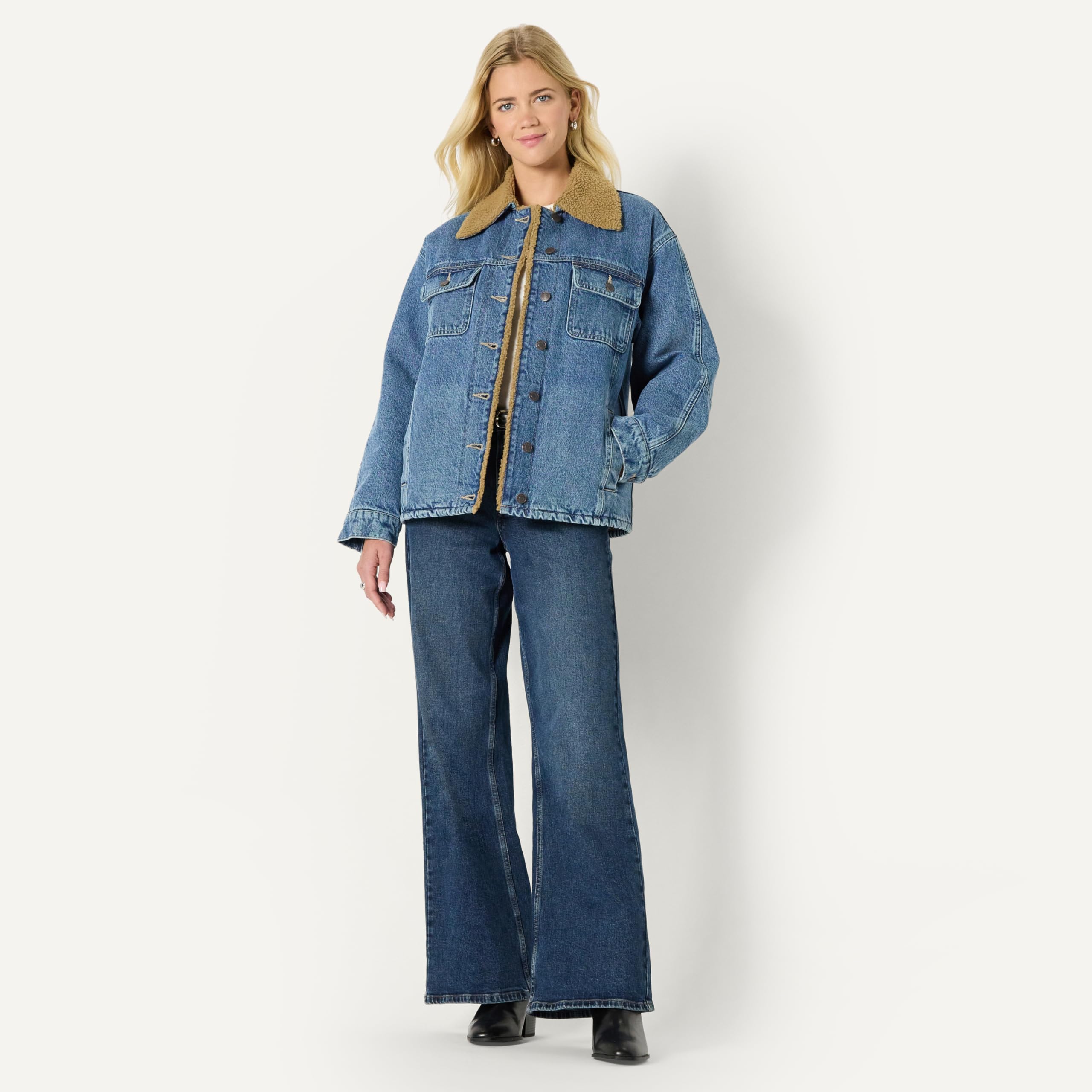 Amazon Essentials Mujer Chaqueta Vaquera con Forro de Vellón Sintético de Corte Extragrande