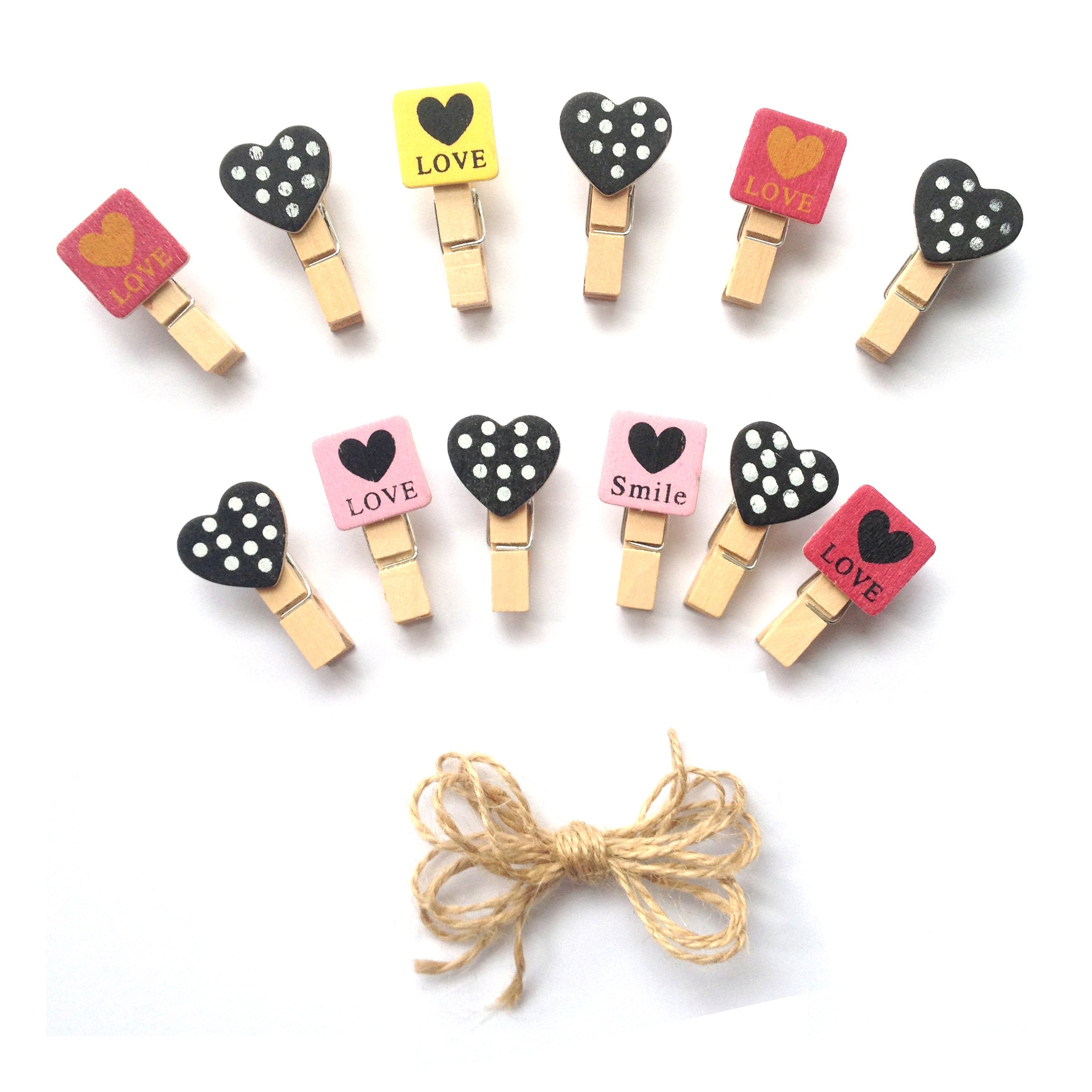 LWR CRAFTS Wooden Mini Clothespins Love and Heart Tropical 24 Pieces and Jute Cord 2.4m, 3.5cm