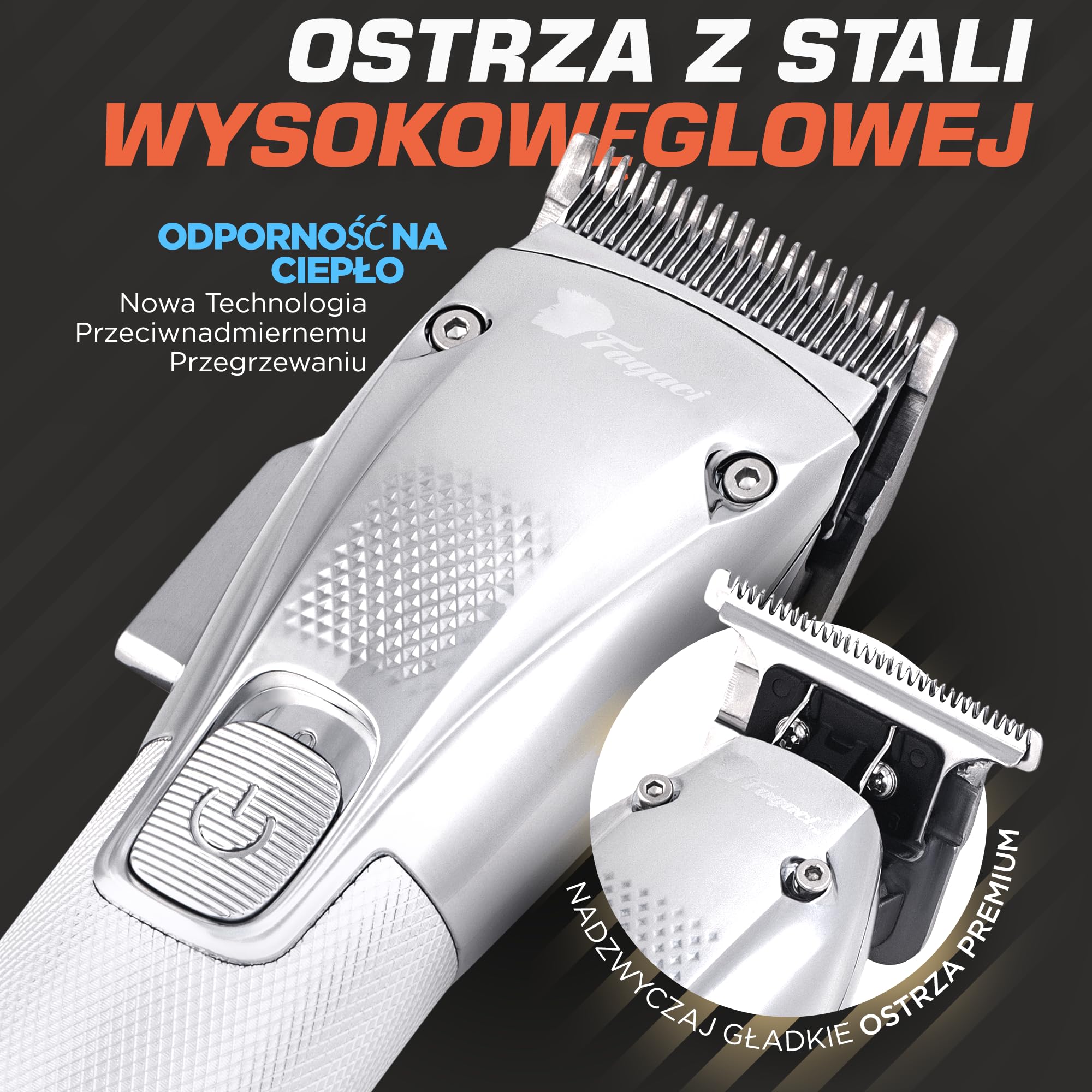 Fagaci Zestaw Maszynka i Trymer, Silniki Turbo, Bateria 5H i 3H, Stojak | Bateria starcza na 5 i 3 godziny pracy, Rekomendowane przez barberów, Ostrza z wysokowęglowej stali, Ciche silniki turbo