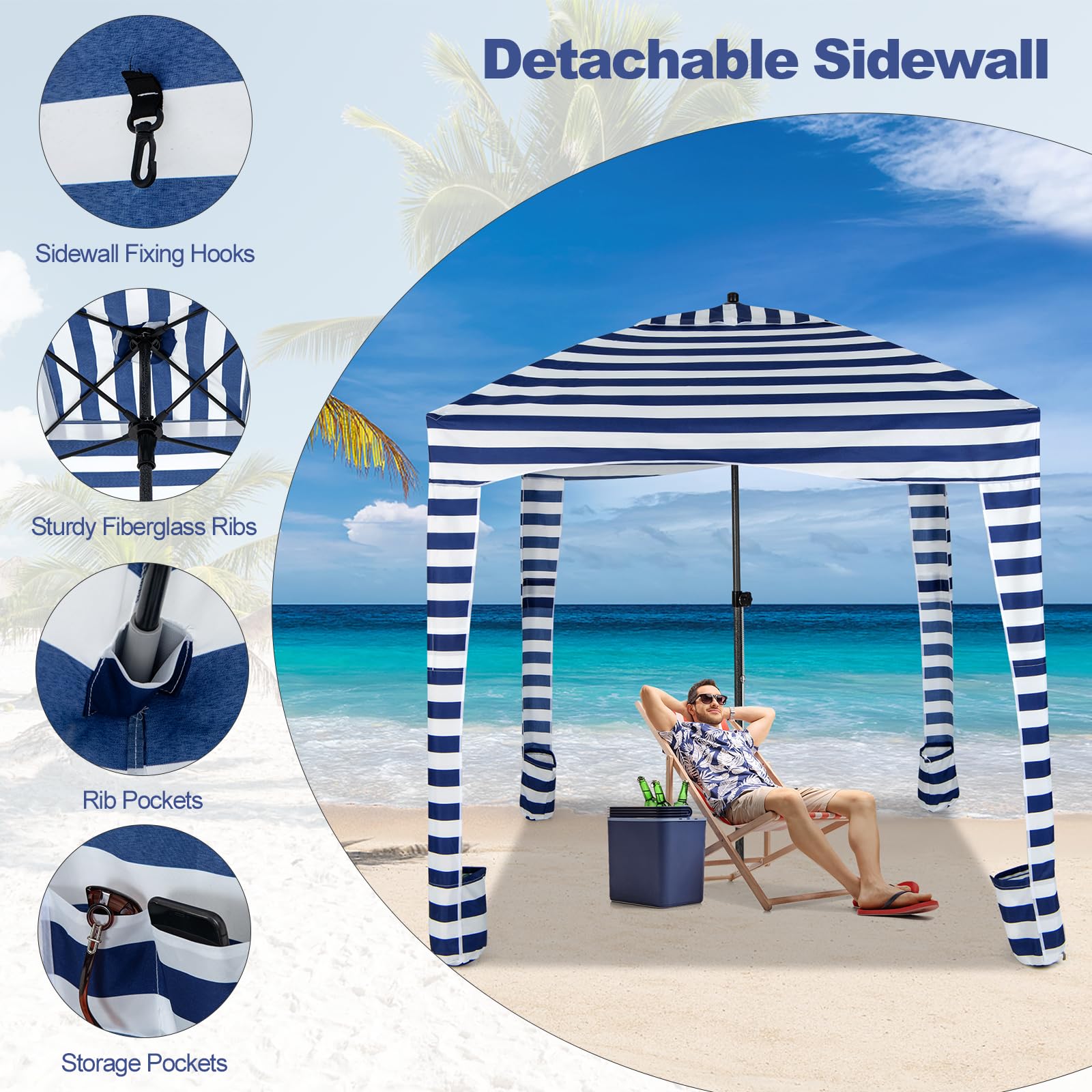 HOMASIS Tenda da Spiaggia Portatile 1,8 x 1,8 m, Parasole Spiaggia con Protezione Solare Regolabile in Altezza, Gazebo con Parete Laterale Rimovibile, Tenda con Borsa per il Trasporto (Blu HM)