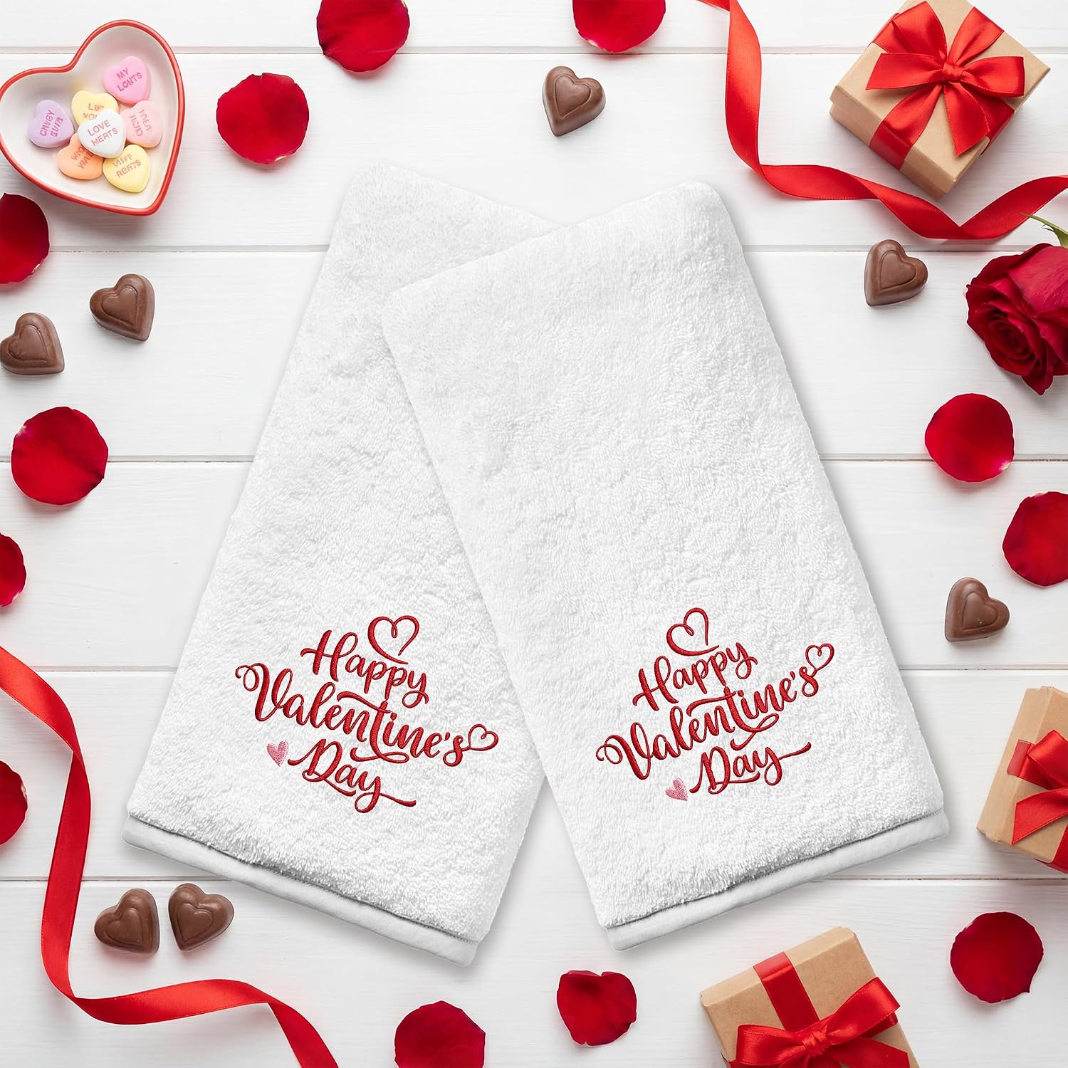 Valentines Day Hand Towels for Bathroom Set of 2, Happy Valentine's Day Bathroom Decor Embroidered Pattern Hand Towels, 100% Cotton Soft Towels for Kitchen Bath 14x30 Inches