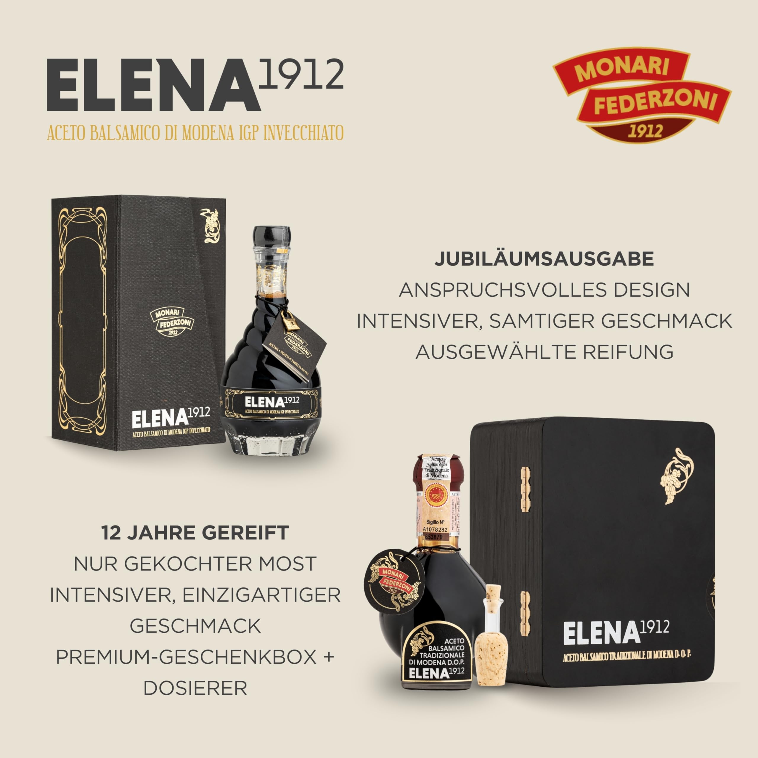Monari Federzoni Balsamico Essig aus Modena DOP, 12 Jahre alt, traditionelles Produkt nur mit gekochtem Traubenmost – inklusive praktischem Spender – Schachtel mit 100 ml