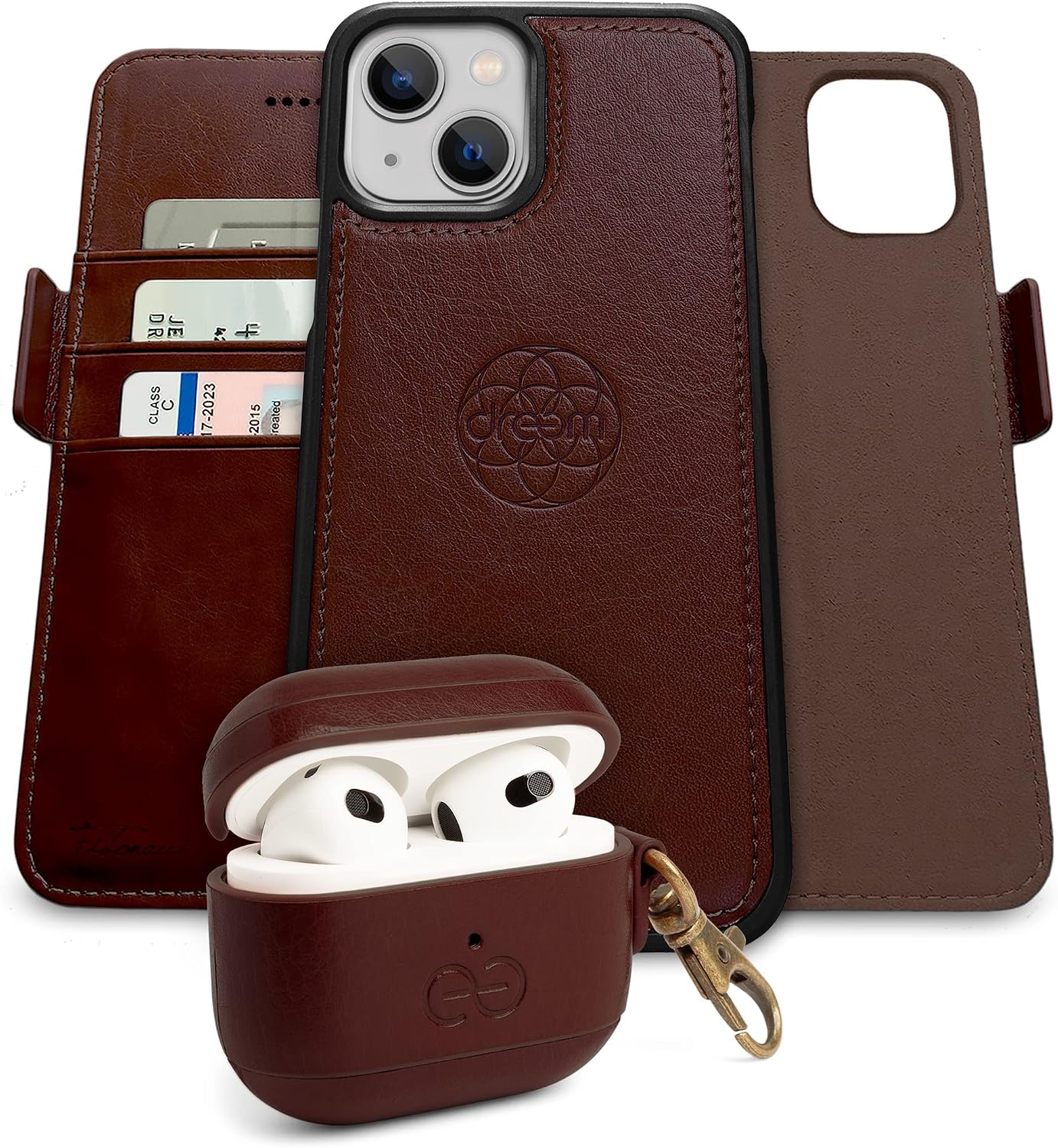 Dreem Bundle: Fibonacci Wallet-Case for iPhone 13 Mini with Om for Apple AirPods 3 Case [Coffee]