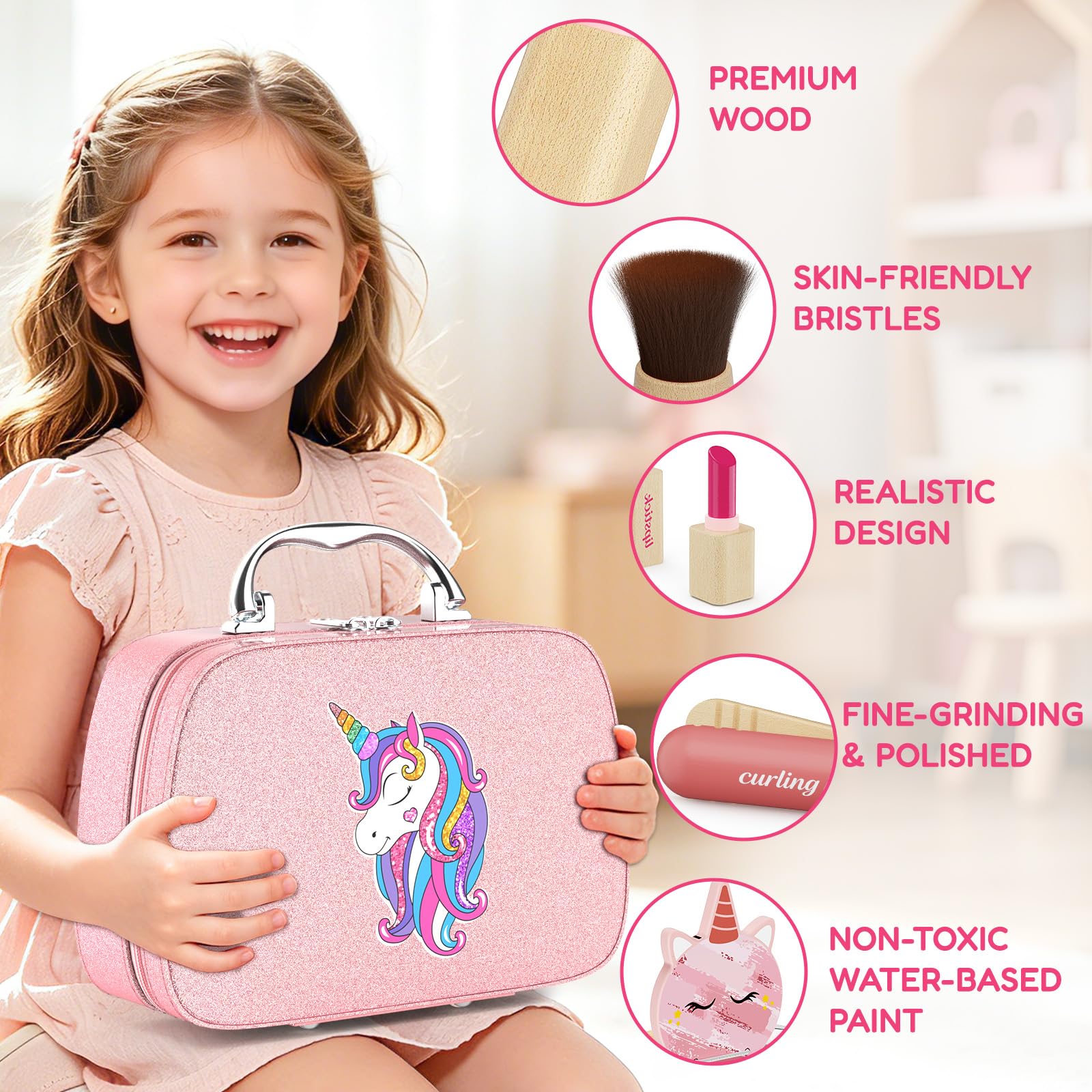 Set da trucco in legno per giochi di finzione per bambini da 1 a 3 anni