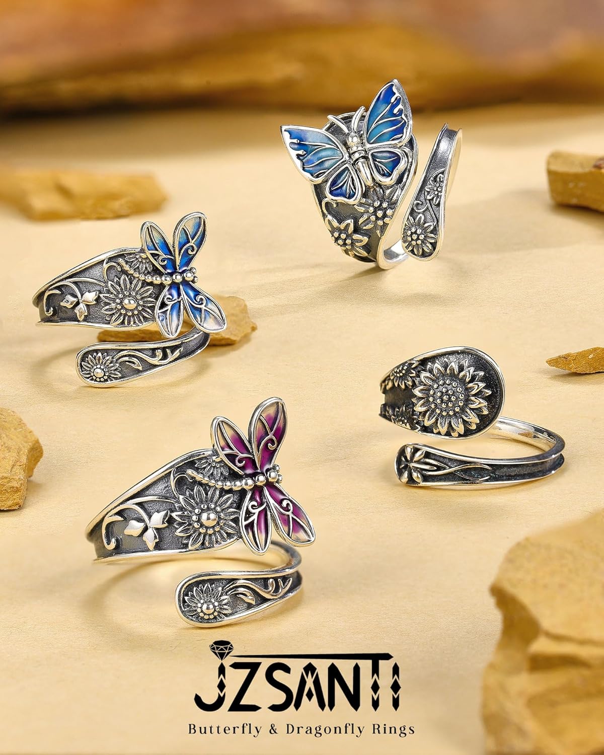 Turquoise Jewelry for Women - Sterling Silver Turquoise Rings Vintage Adjustable Sunflower Dragonfly Butterfly Spoon Ring Victorian Style Boho Antique Flower Thumb Statement Rings Jewelry Gifts for Women - Image 8