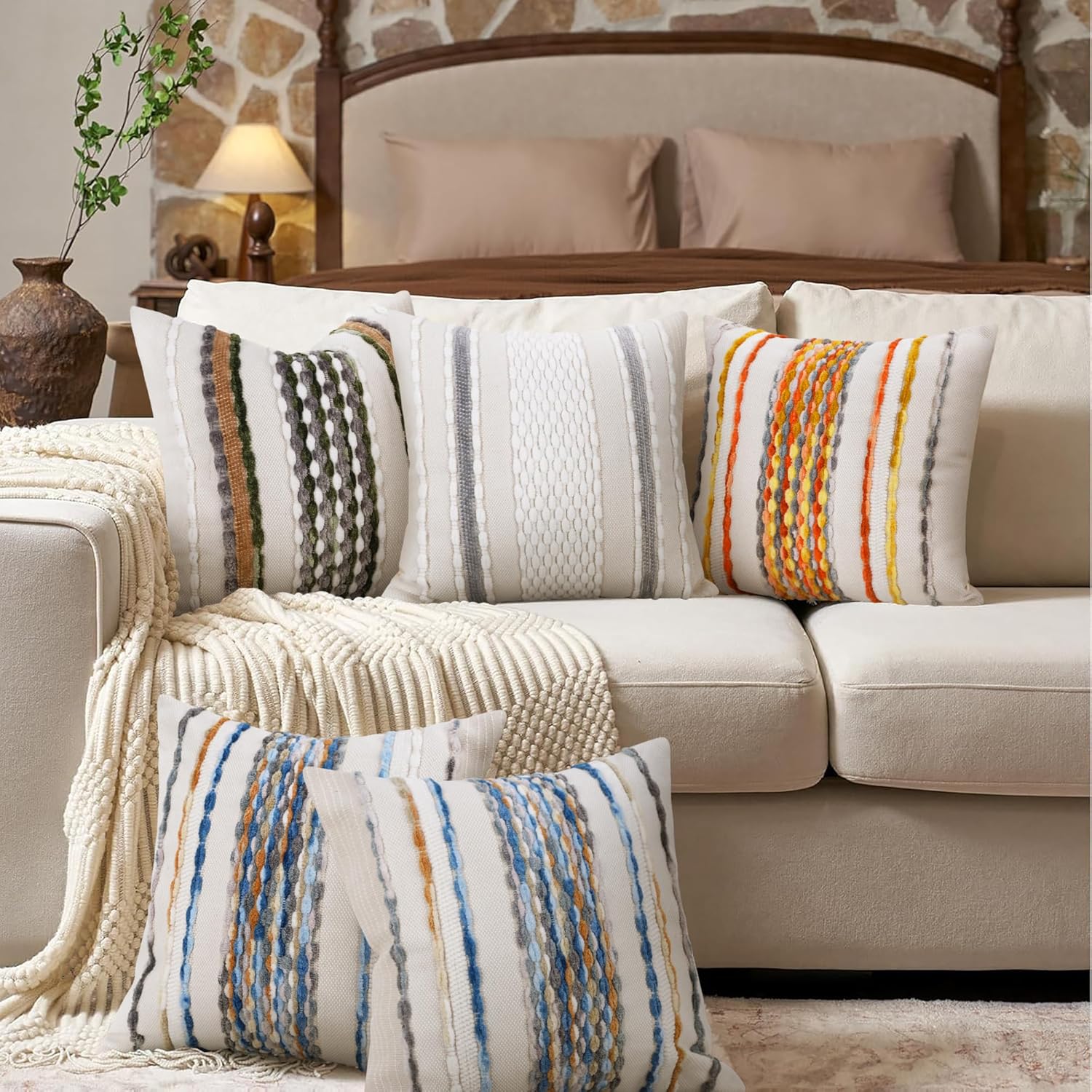 Boho Neutral Throw Pillow Covers Set of 2, 18x18 Inch Farmhouse Striped Cotton Chenille Decorative Pillow Covers for Couch, Sofa, Living Room (Blue)