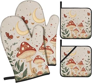 Mushroom Oven Mitts and Pot Holders Sets of 4, Vintage Magic Moth Gothic Witchy Heat Resistant Non-Slip Kitchen Glove and Potholder for Chef Baking Cooking Grilling BBQ Mittens