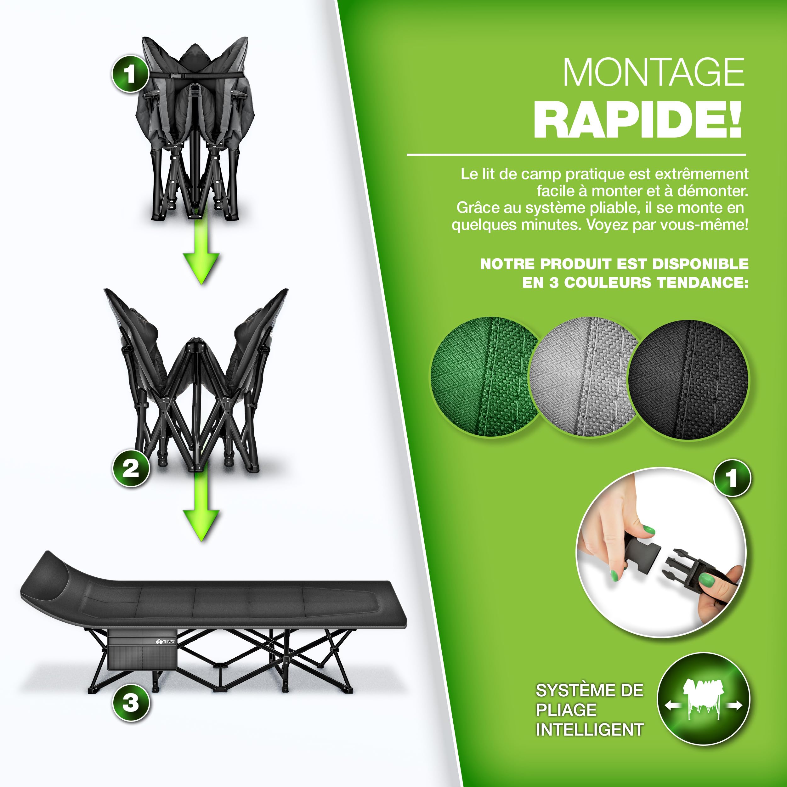 tillvex® Lit de camping pliable avec sac de transport jusqu'à 200 kg | Chaise de camping extra large | Lit de camp pour l'extérieur et l'intérieur | Lit d'invité pliable pour jardin, camping, pêche,