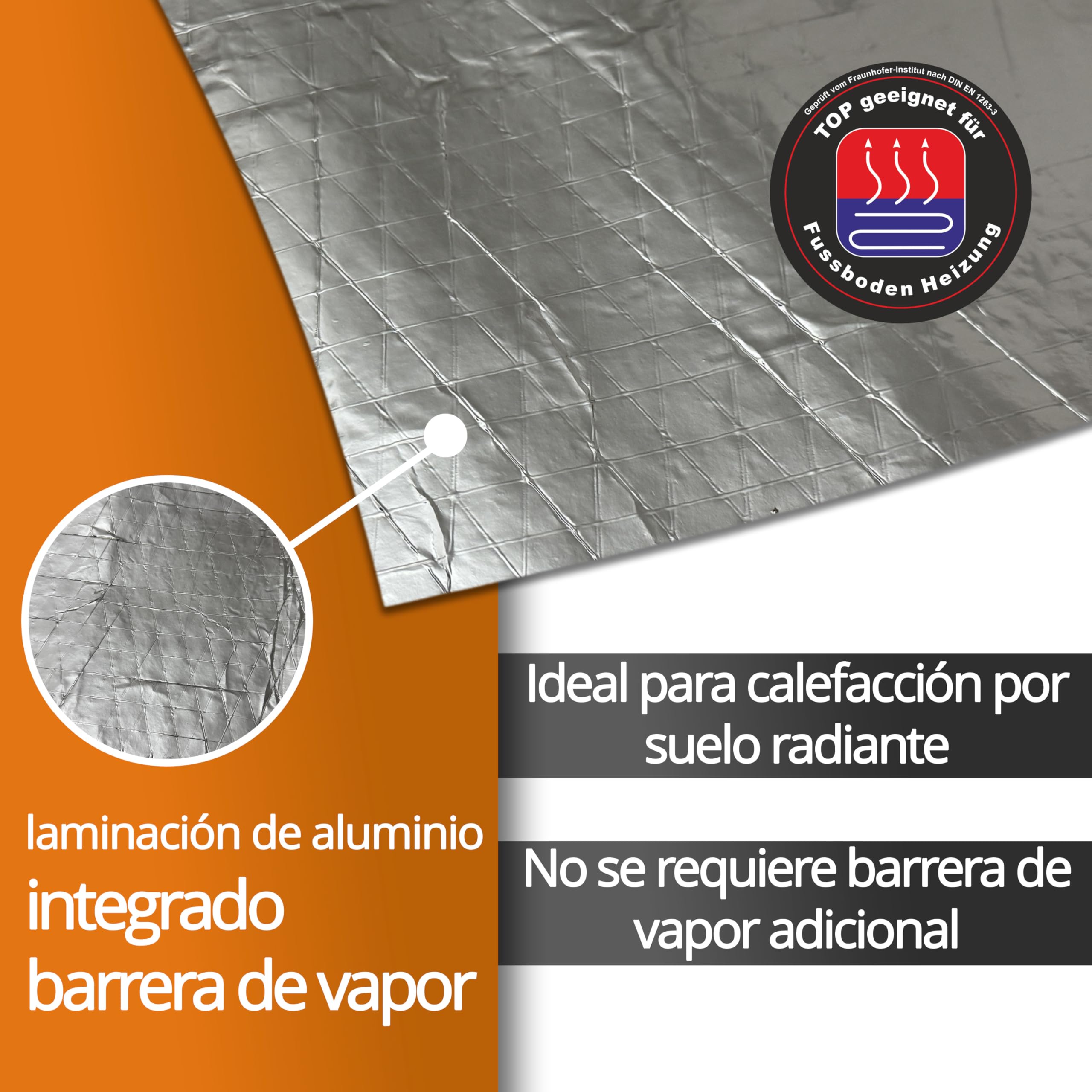 50 m² | Aislamiento acústico de impacto uficell® TOPSONIC AKUSTIC ALU - 3 mm de espesor - ideal para calefacción por suelo radiante (3 mm de espesor, 50 m² / 5 rollos de 10 m)