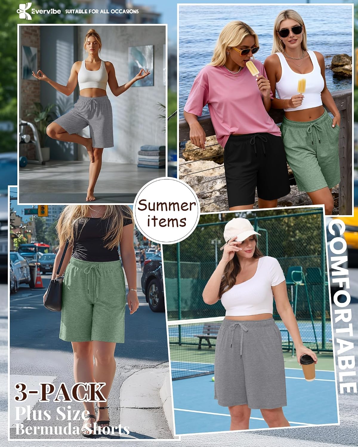 Evervibe 3 Pack Plus Size Bermuda Shorts for Women Comfy Loose Casual Drawstring Sweat Pants with Pockets XL-5XL