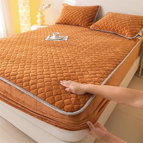 Protector de colchón transpirable, colcha de forro polar coral cálido para invierno, protector de colchón grueso de color sólido para cama