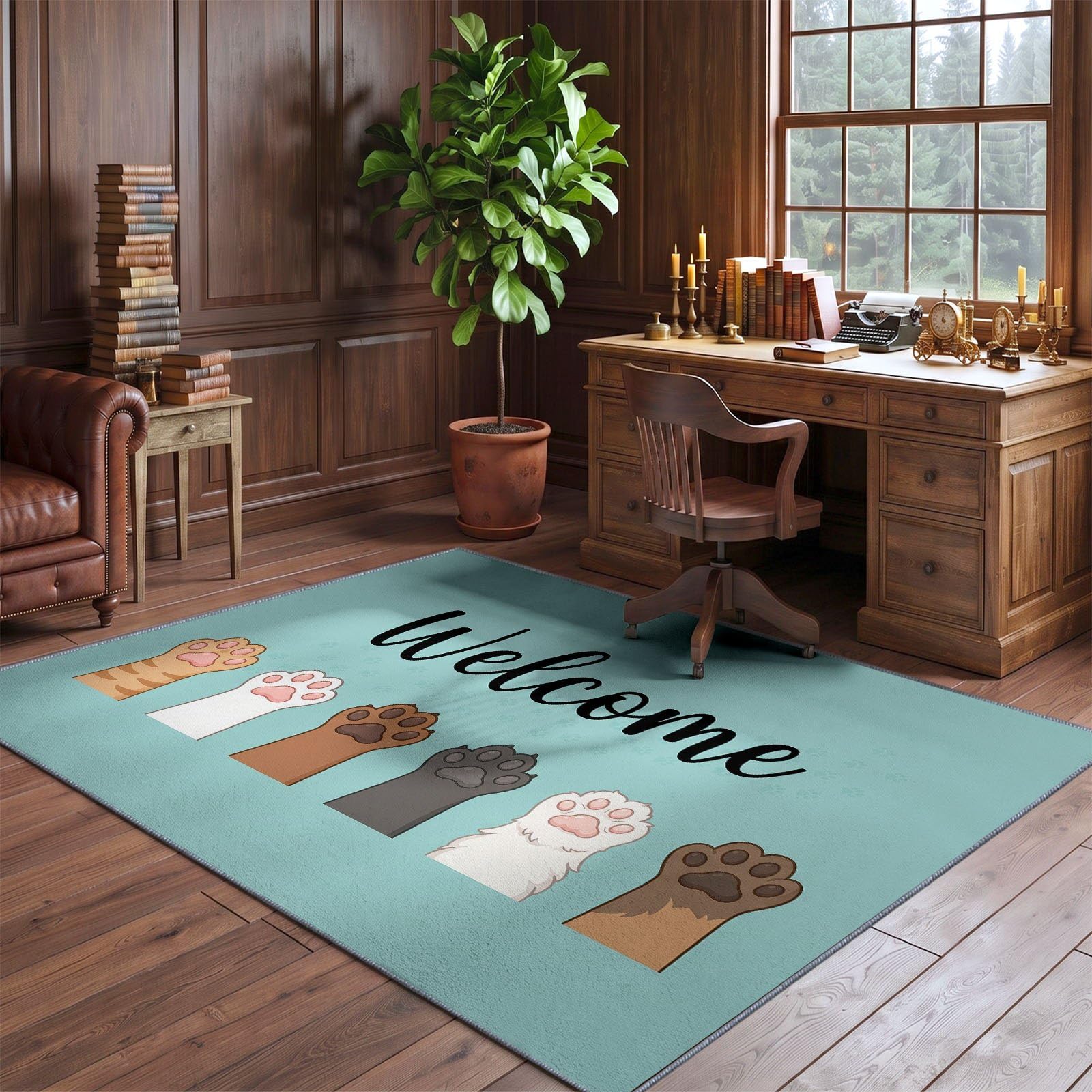 80 x 150 cm Waschbar Teppich Cartoon Minimalistisch Katzenpfote Willkommen Text Weiche Rutschfeste Bodenmatte für Schlafzimmer Wohnzimmer Küche Kinderzimmer, Kurzflorige Flauschige Matte, Blau Schwarz